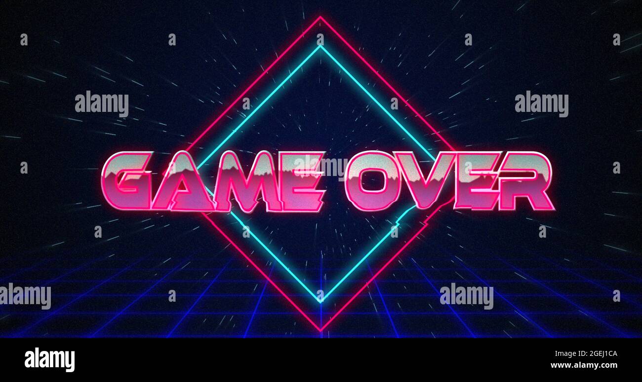 Retro Game over Text glitching over blue and Red Triangles 4k Stockfoto