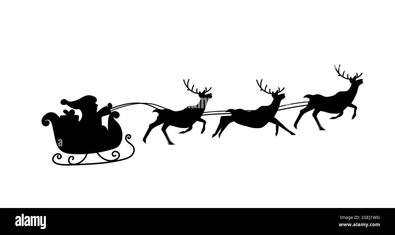 Bild der schwarzen Silhouette des weihnachtsmannes im Schlitten, der von Rentieren auf weißem Hintergrund gezogen wird Stockfoto