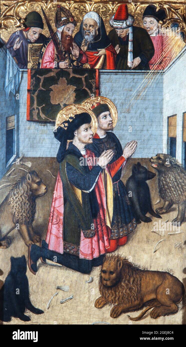 Jaume Huguet / Detalle del Retablo de San Abdón y Senén, 1459-1460, siglo XV, pintura sobre tabla. Museu de Terrassa, Seu d'Ègara. Stockfoto