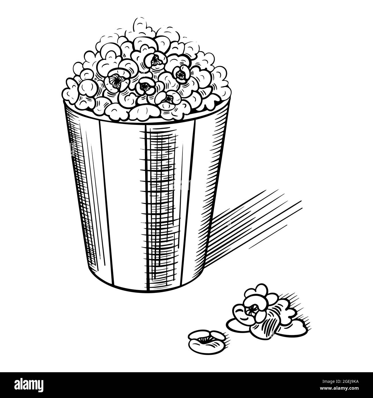 Popcorn-Skizze auf weißem Hintergrund. Kinosnack im gestreiften Papiereimer. Vektorgrafik. Stock Vektor