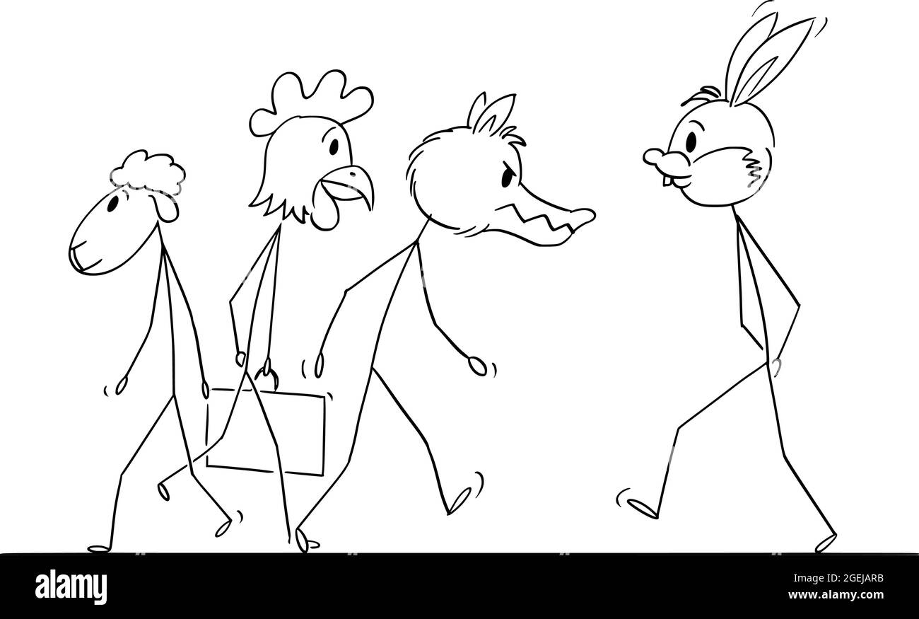 Menschen in Tiermasken zu Fuß auf der Straße, Vektor Cartoon Stick Figur Illustration Stock Vektor