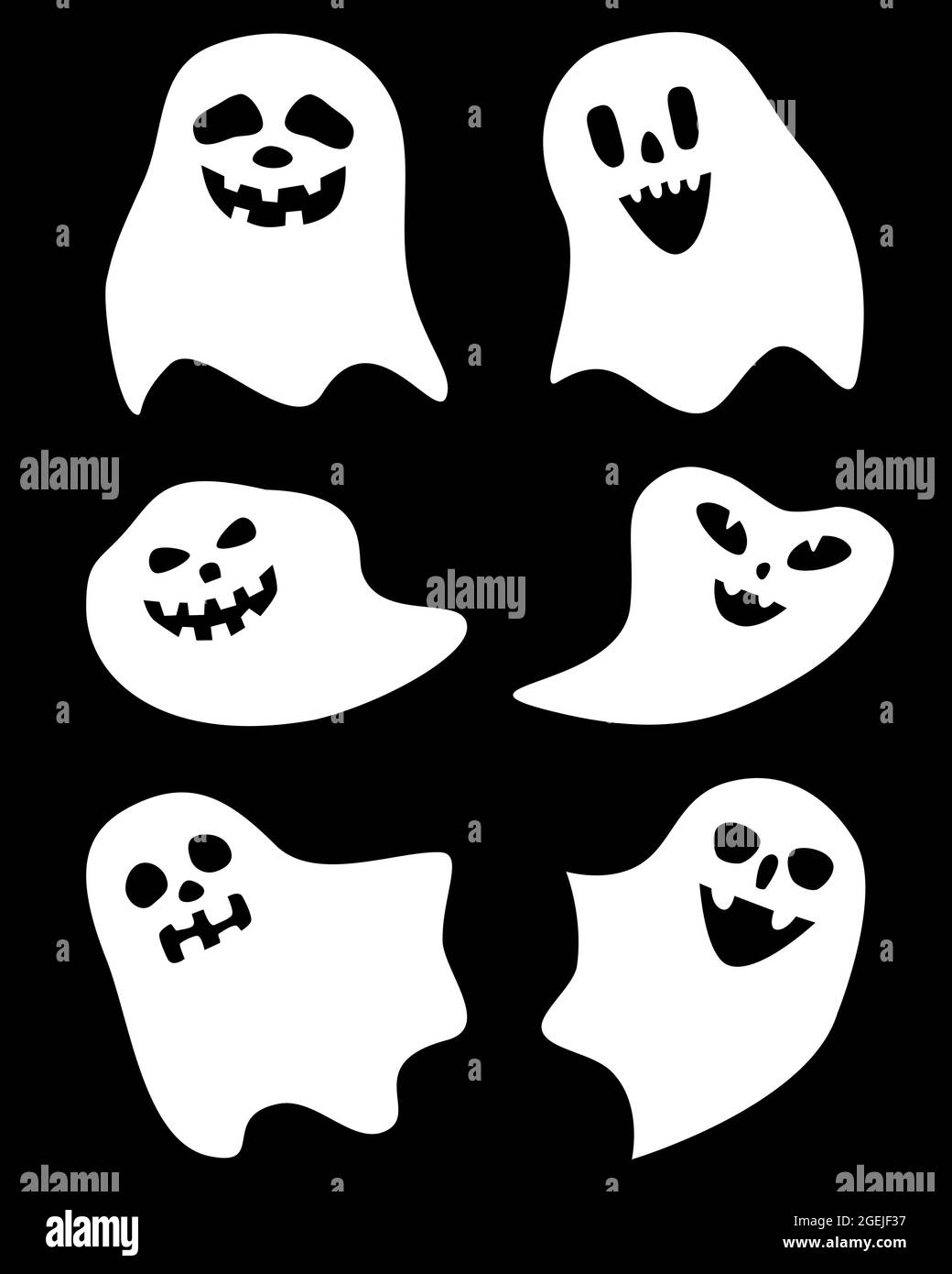 Set von weißen halloween Geister von verschiedenen einfachen flachen Formen auf schwarzem Hintergrund, Spucke mit Gesichtern Vektor-Illustration Stock Vektor