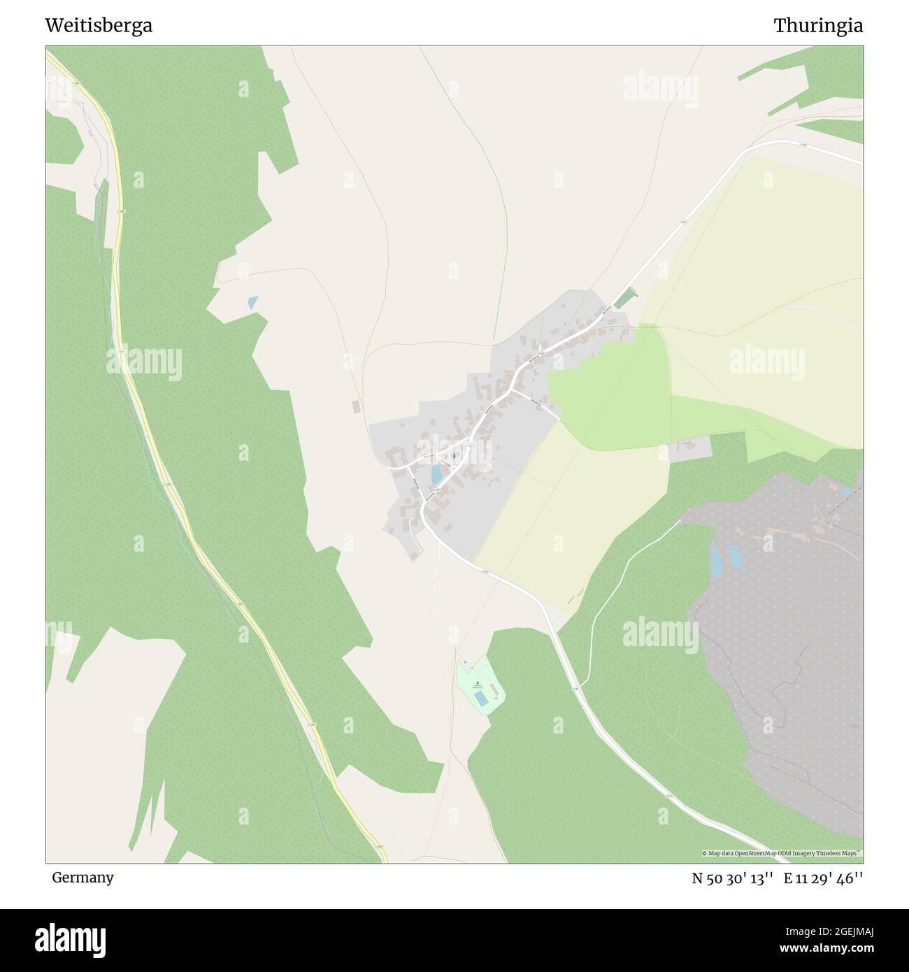 Weitisberga, Deutschland, Thüringen, N 50 30' 13'', E 11 29' 46'', Karte, Timeless Map veröffentlicht 2021. Reisende, Entdecker und Abenteurer wie Florence Nightingale, David Livingstone, Ernest Shackleton, Lewis and Clark und Sherlock Holmes haben sich bei der Planung von Reisen zu den entlegensten Ecken der Welt auf Karten verlassen.Timeless Maps kartiert die meisten Orte auf der Welt und zeigt die Verwirklichung großer Träume Stockfoto