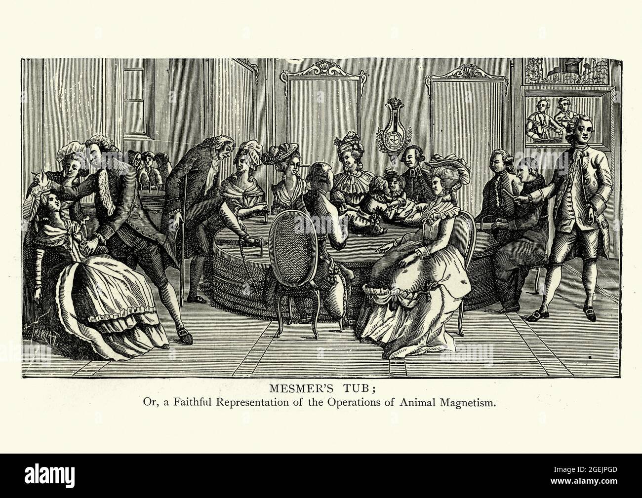 Vintage-Illustration von Mesers Wanne, Tiermagnetismus. Franz Anton Mesmer war ein deutscher Arzt mit Interesse an Astronomie. Er theoretisierte das Existenc Stockfoto