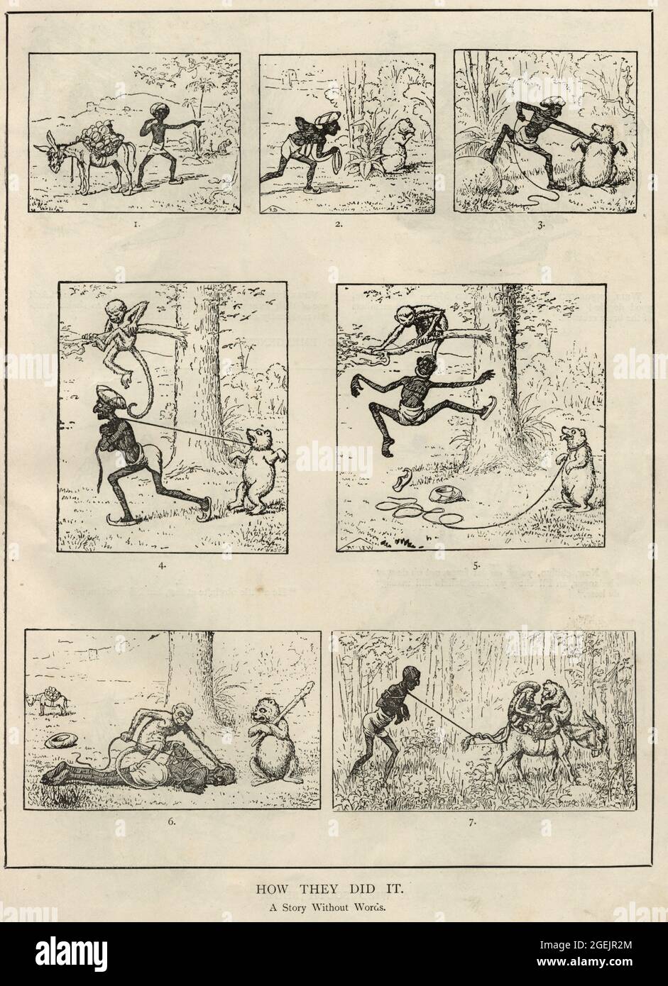 Vintage-Illustration eines Jägers von einer Gruppe von Tieren, viktorianischer humorvoller Cartoon, 19. Jahrhundert Stockfoto
