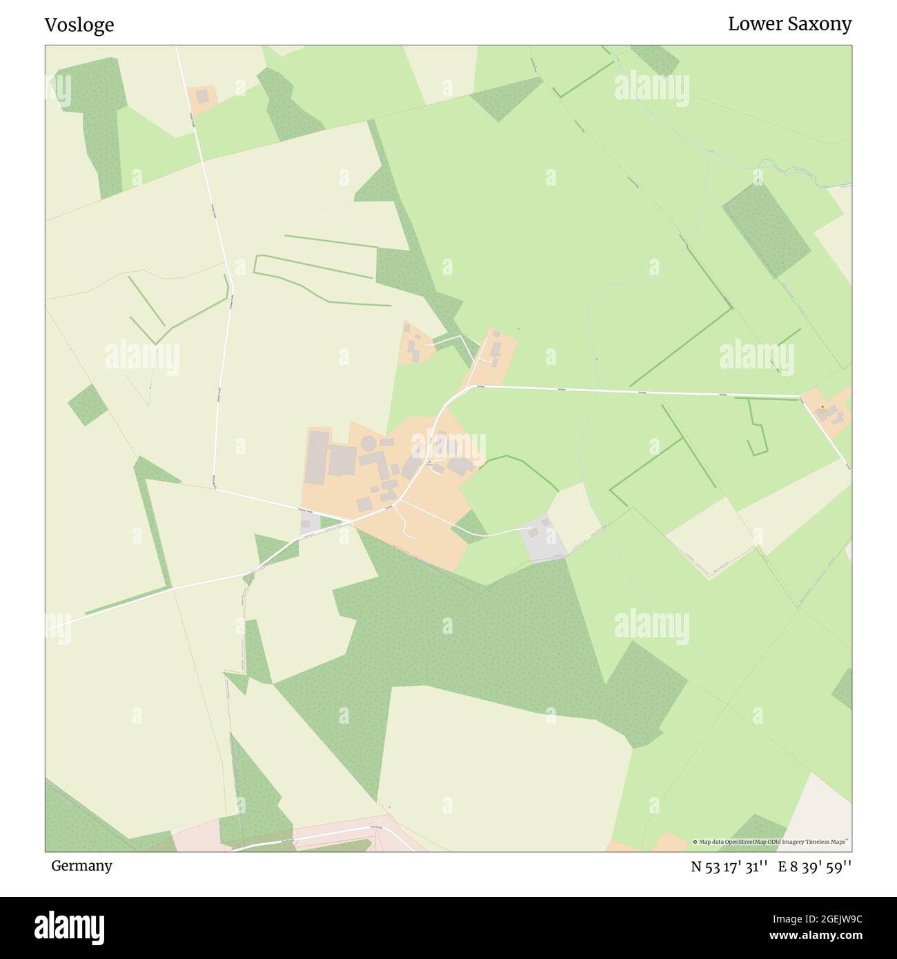 Vosloge, Deutschland, Niedersachsen, N 53 17' 31'', E 8 39' 59'', Karte, Timeless Map veröffentlicht 2021. Reisende, Entdecker und Abenteurer wie Florence Nightingale, David Livingstone, Ernest Shackleton, Lewis and Clark und Sherlock Holmes haben sich bei der Planung von Reisen zu den entlegensten Ecken der Welt auf Karten verlassen.Timeless Maps kartiert die meisten Orte auf der Welt und zeigt die Verwirklichung großer Träume Stockfoto