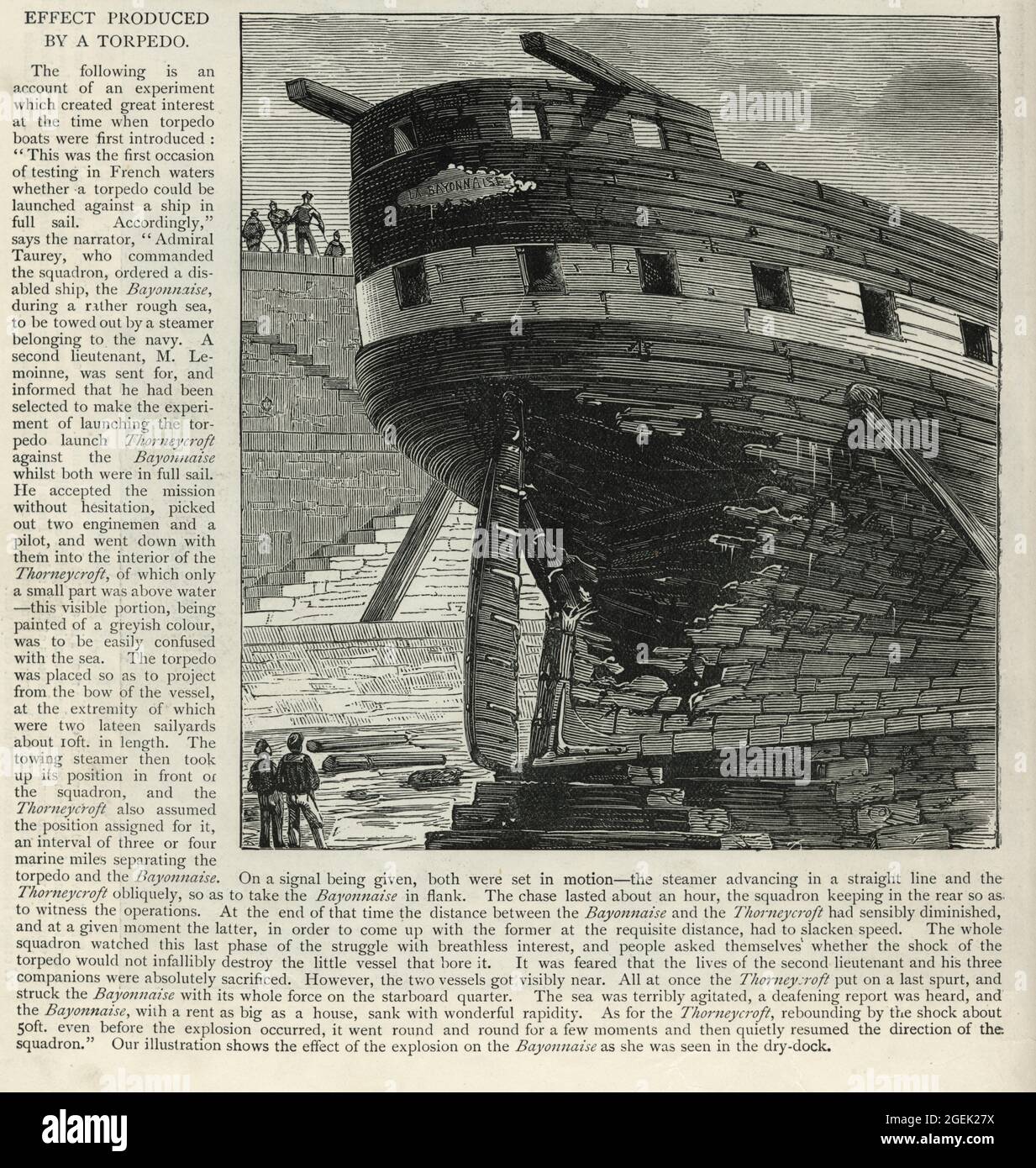 Vintage Illustration Schäden am Bayonnaise-Kriegsschiff durch einen Torpedo, der von der Torneycroft im viktorianischen 19. Jahrhundert abgefeuert wurde Stockfoto