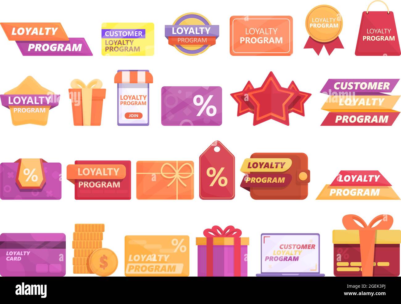 Symbole für das Kundenbindungsprogramm setzen einen Cartoon-Vektor. Rewards-Mitglied. System zurück Stock Vektor