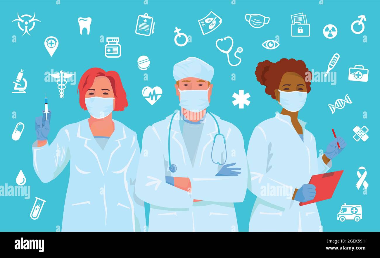 Gruppe von Ärzten und Krankenschwestern auf blauem Hintergrund mit medizinischen Symbolen. Stock Vektor