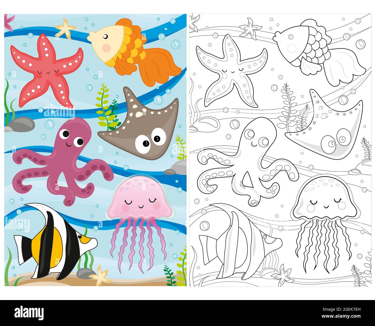 vektor Bild ausmalen. Malvorlagen Sea Life. Unterwasserwelt mit Fischen