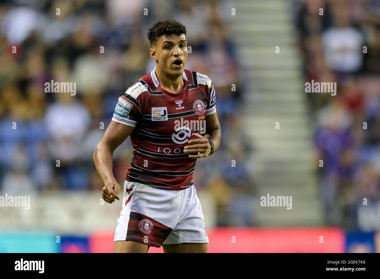 Wigan, Großbritannien. August 2021. Kai Pearce-Paul (27) von Wigan Warriors in Aktion während des Spiels in Wigan, Großbritannien am 8/20/2021. (Foto von Simon Whitehead/ SW Foto/News Images/Sipa USA) Quelle: SIPA USA/Alamy Live News Stockfoto