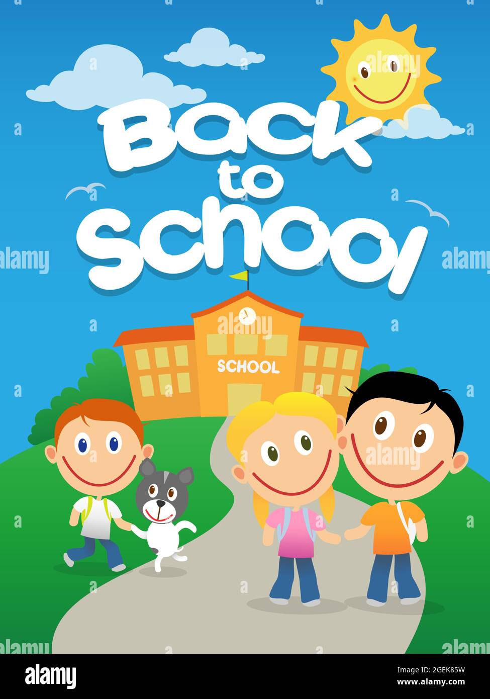 Glückliche Schüler, die an einem sonnigen Tag wieder zur Schule gehen. Vektorgrafik Cartoon-Illustration. Stock Vektor