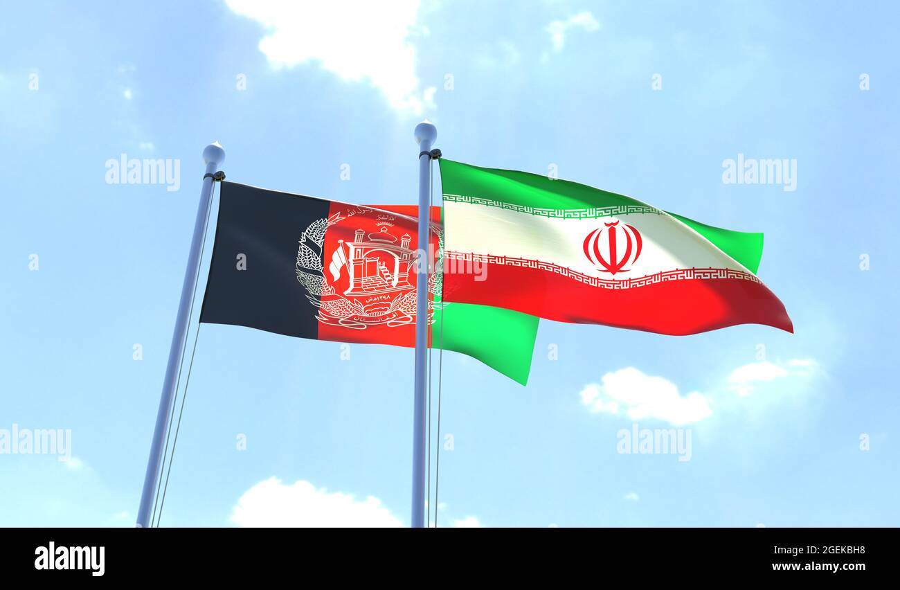Afghanistan und Iran, zwei Fahnen winken gegen den blauen Himmel. 3d-Bild Stockfoto
