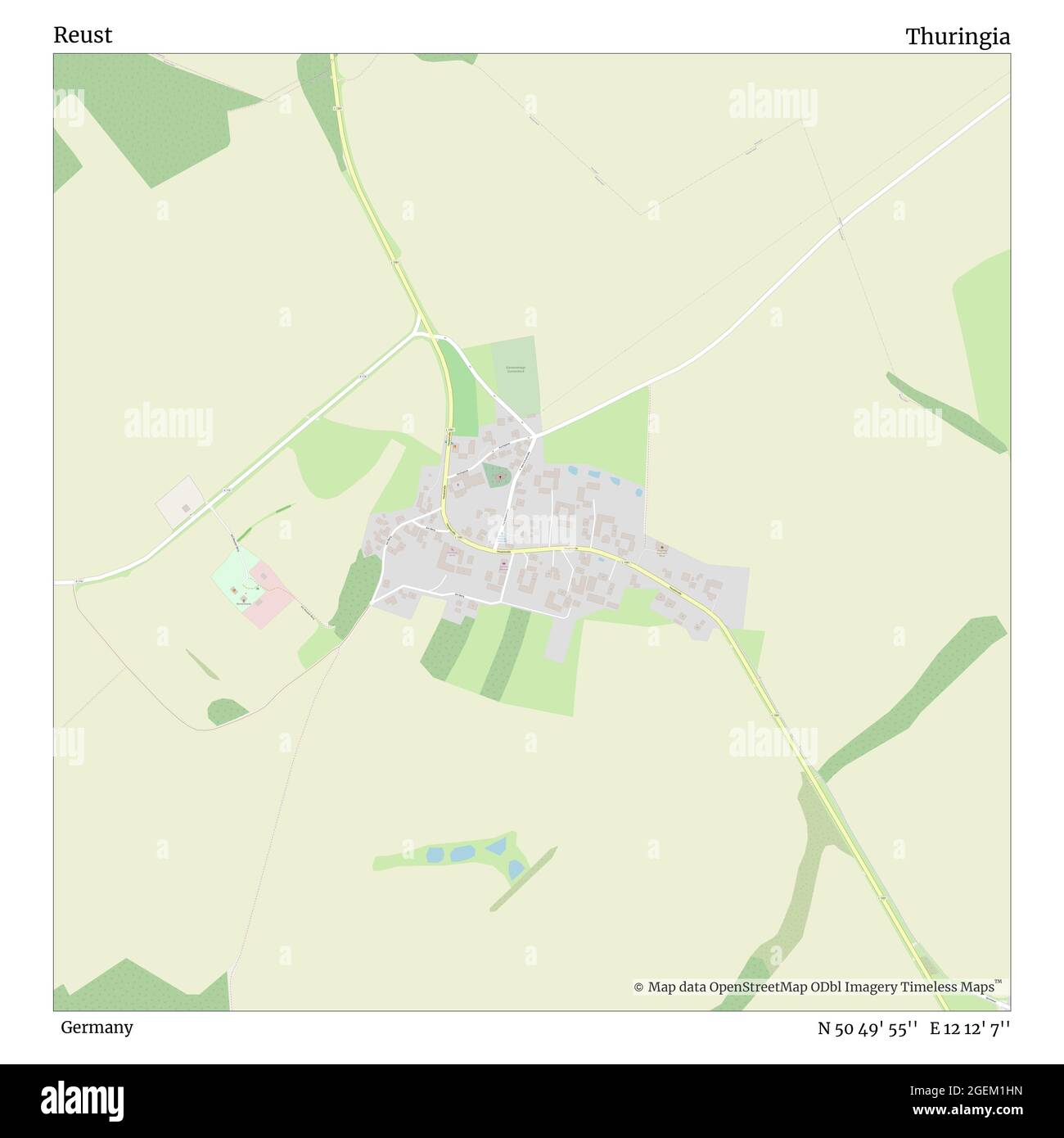 Reust, Deutschland, Thüringen, N 50 49' 55'', E 12 12' 7'', Karte, Timeless Map veröffentlicht 2021. Reisende, Entdecker und Abenteurer wie Florence Nightingale, David Livingstone, Ernest Shackleton, Lewis and Clark und Sherlock Holmes haben sich bei der Planung von Reisen zu den entlegensten Ecken der Welt auf Karten verlassen.Timeless Maps kartiert die meisten Orte auf der Welt und zeigt die Verwirklichung großer Träume Stockfoto