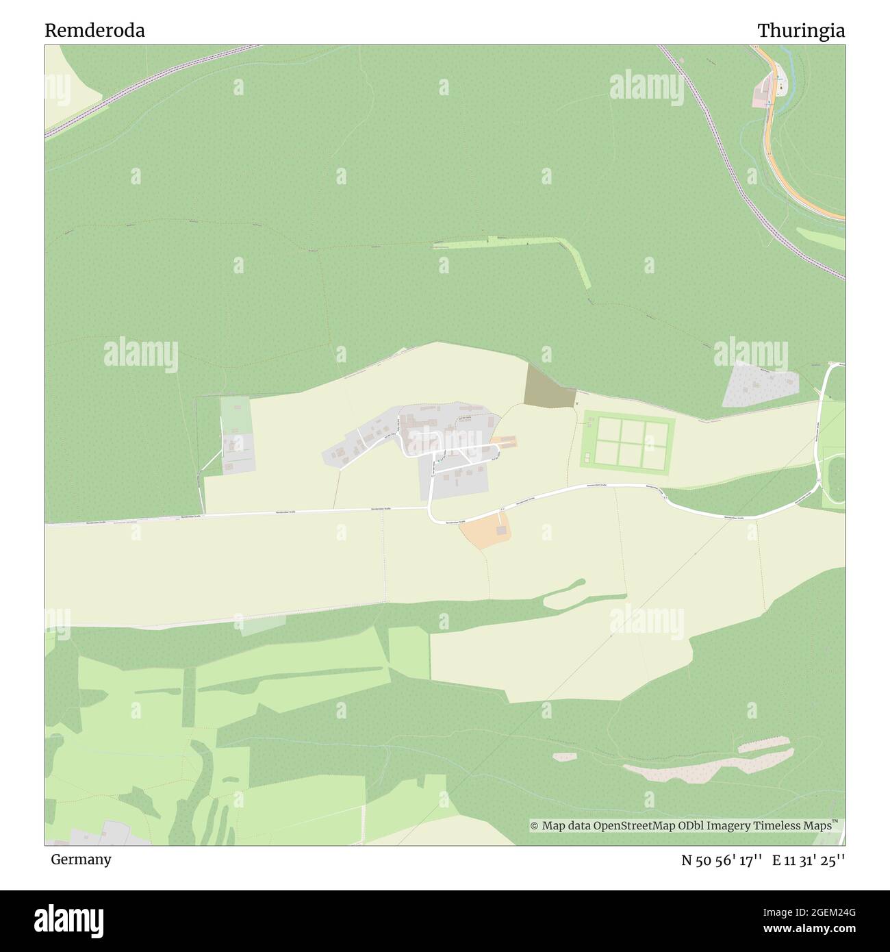 Remderoda, Deutschland, Thüringen, N 50 56' 17'', E 11 31' 25'', Karte, Timeless Map veröffentlicht 2021. Reisende, Entdecker und Abenteurer wie Florence Nightingale, David Livingstone, Ernest Shackleton, Lewis and Clark und Sherlock Holmes haben sich bei der Planung von Reisen zu den entlegensten Ecken der Welt auf Karten verlassen.Timeless Maps kartiert die meisten Orte auf der Welt und zeigt die Verwirklichung großer Träume Stockfoto