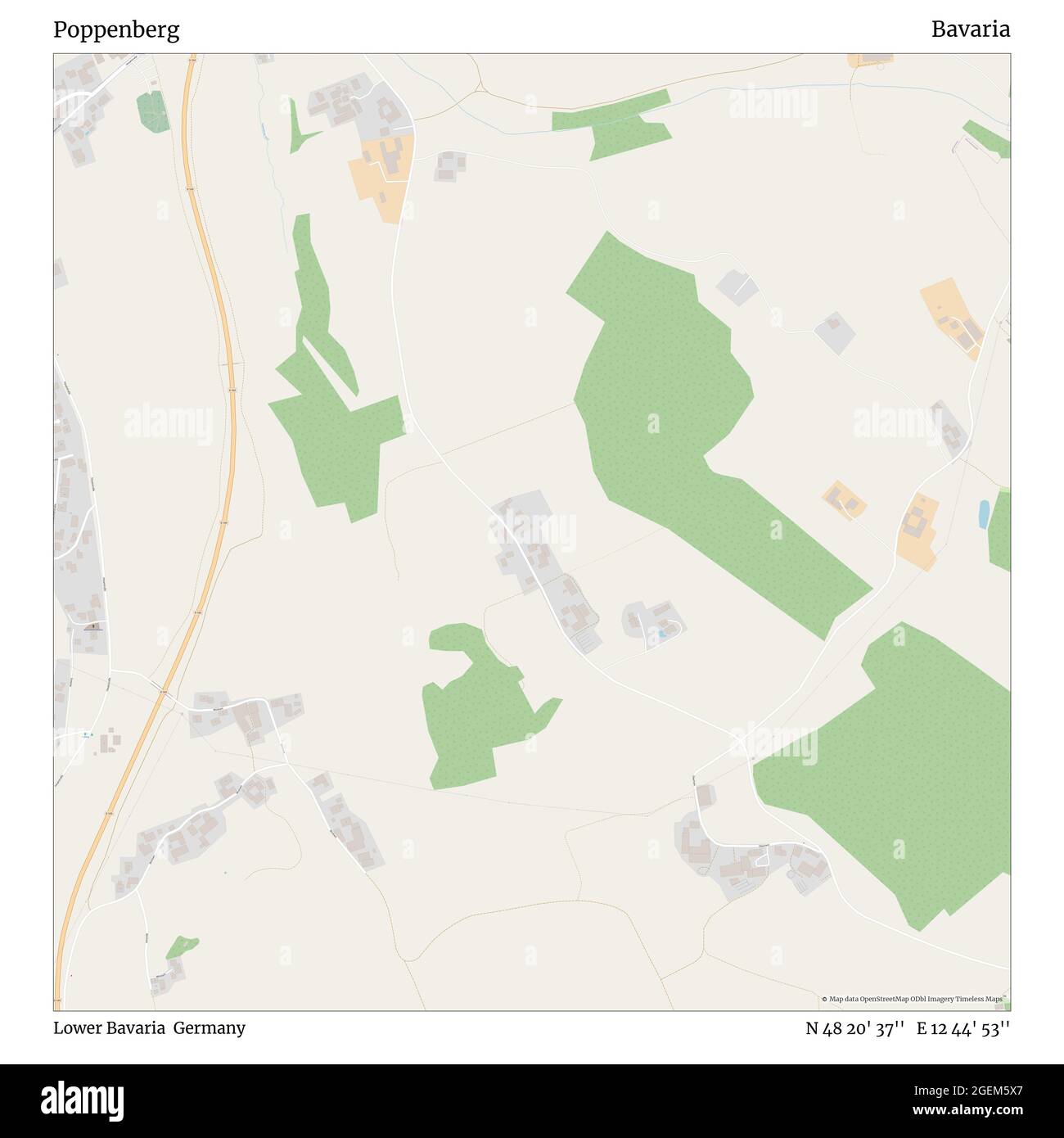 Poppenberg, Niederbayern, Deutschland, Bayern, N 48 20' 37'', E 12 44' 53'', Karte, Timeless Map veröffentlicht im Jahr 2021. Reisende, Entdecker und Abenteurer wie Florence Nightingale, David Livingstone, Ernest Shackleton, Lewis and Clark und Sherlock Holmes haben sich bei der Planung von Reisen zu den entlegensten Ecken der Welt auf Karten verlassen.Timeless Maps kartiert die meisten Orte auf der Welt und zeigt die Verwirklichung großer Träume Stockfoto