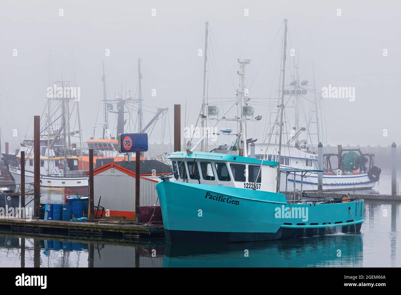 Newport, Oregon, ist die „Dungeness Crab Capital of the World“. Newports Flotte kommerzieller Fischerboote befindet sich in der Yaquina Bay. Stockfoto