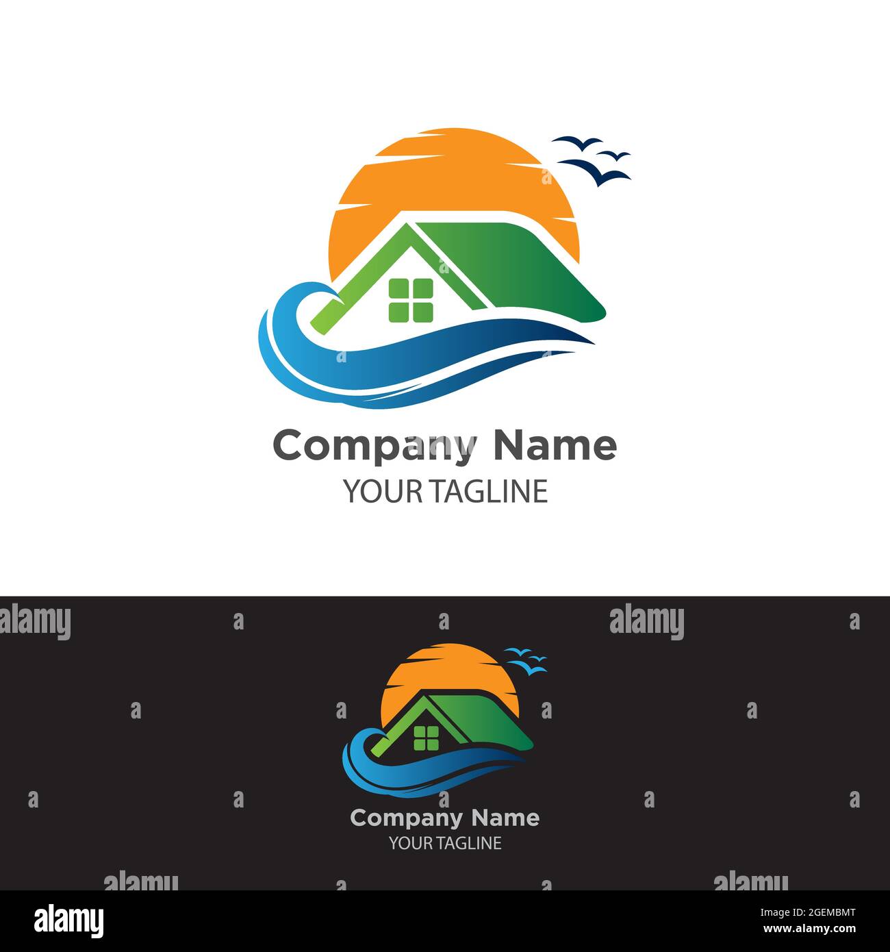 Beach House mit wunderschönen Sonnenuntergang Vektor-Logo-Design. EPS 10 Stock Vektor