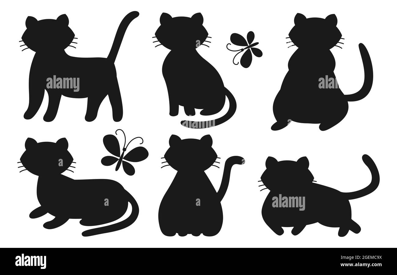 Katzen setzen Silhouette in verschiedenen Posen, sitzen, liegen, mit anderen Schnauzen, Emotionen, Geschlossene und sich öffnende Augen, Schmetterlinge fliegen umher. Witziger Charakter. Tiersammlung. Vektorgrafik Stock Vektor