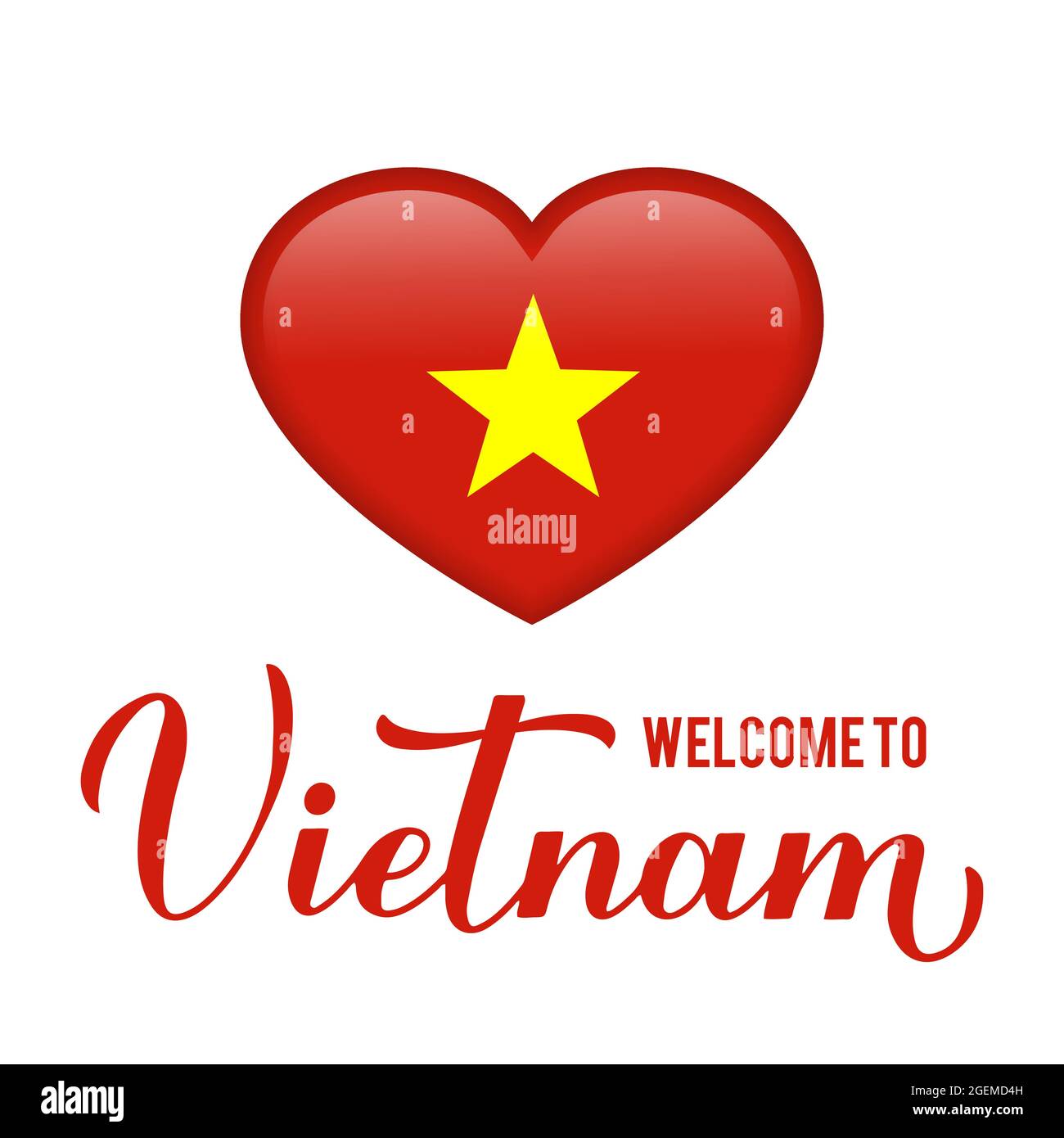 Willkommen bei Vietnam Schriftzug mit Nationalflagge in Herzform. Vektorvorlage für Typografie Poster, Postkarte, Banner, Flyer, Aufkleber, t-Shirt usw. Stock Vektor