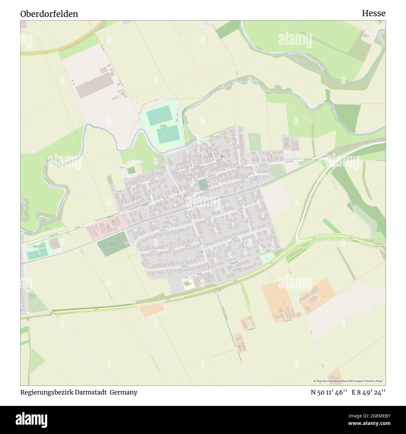 Oberdorfelden, Regierungsbezirk Darmstadt, Deutschland, Hessen, N 50 11' 46'', E 8 49' 24'', Karte, Timeless Map veröffentlicht 2021. Reisende, Entdecker und Abenteurer wie Florence Nightingale, David Livingstone, Ernest Shackleton, Lewis and Clark und Sherlock Holmes haben sich bei der Planung von Reisen zu den entlegensten Ecken der Welt auf Karten verlassen.Timeless Maps kartiert die meisten Orte auf der Welt und zeigt die Verwirklichung großer Träume Stockfoto