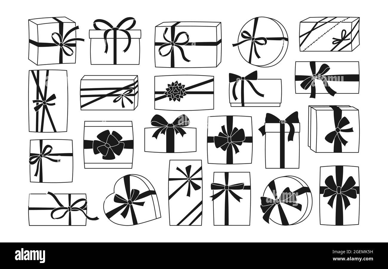 Geschenkschachtel mit Band, weihnachtliche schwarze Glyphe-Flat-Line-Set. Werbegeschenk, Feiertag Jubiläum Überraschung Geschenk Symbol andere Form. Sale Shopping Geburtstagsfeier, Valentinstag oder Hochzeit Kollektion Stock Vektor