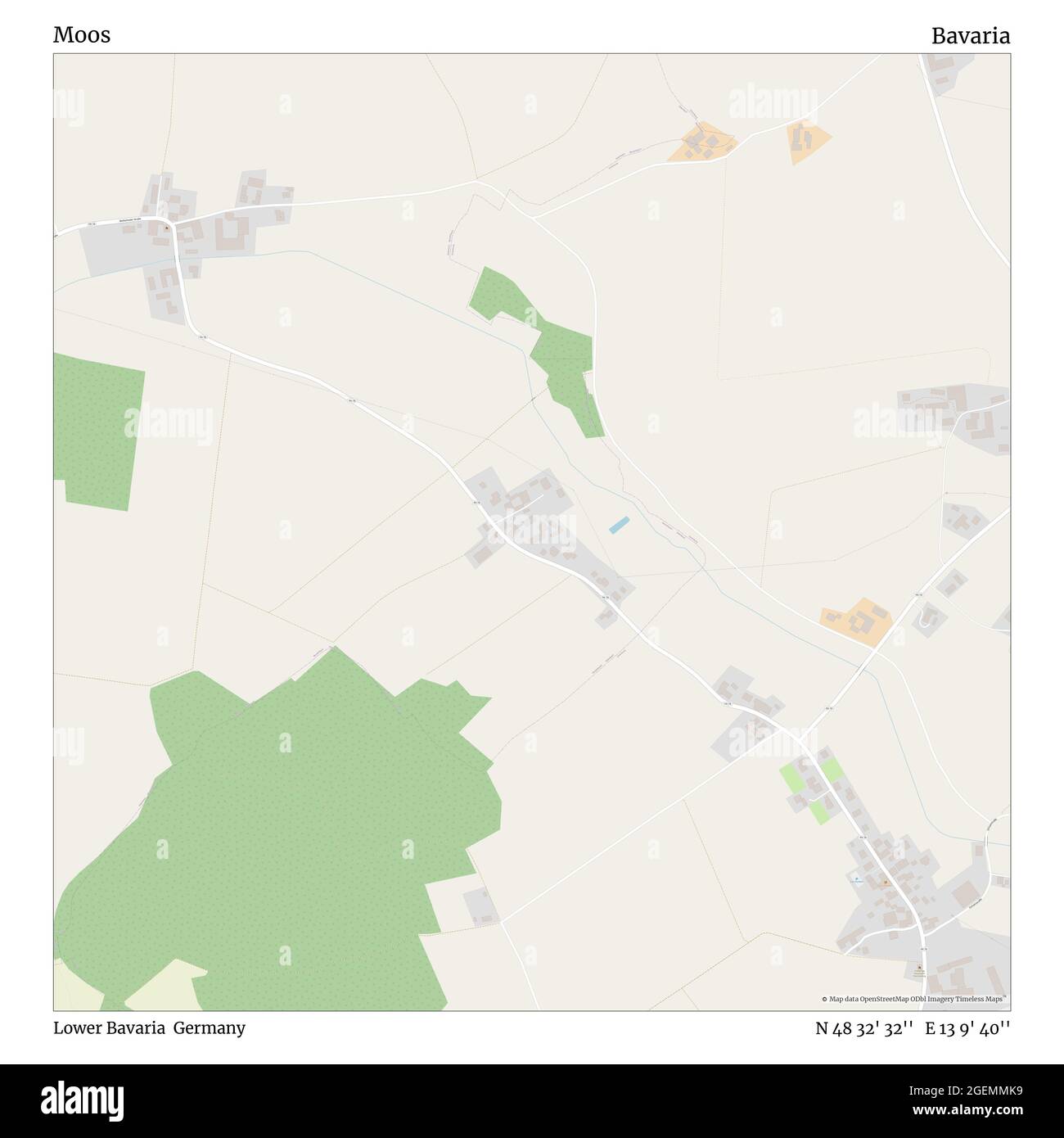 Moos, Niederbayern, Deutschland, Bayern, N 48 32' 32'', E 13 9' 40'', Karte, Timeless Map veröffentlicht im Jahr 2021. Reisende, Entdecker und Abenteurer wie Florence Nightingale, David Livingstone, Ernest Shackleton, Lewis and Clark und Sherlock Holmes haben sich bei der Planung von Reisen zu den entlegensten Ecken der Welt auf Karten verlassen.Timeless Maps kartiert die meisten Orte auf der Welt und zeigt die Verwirklichung großer Träume Stockfoto