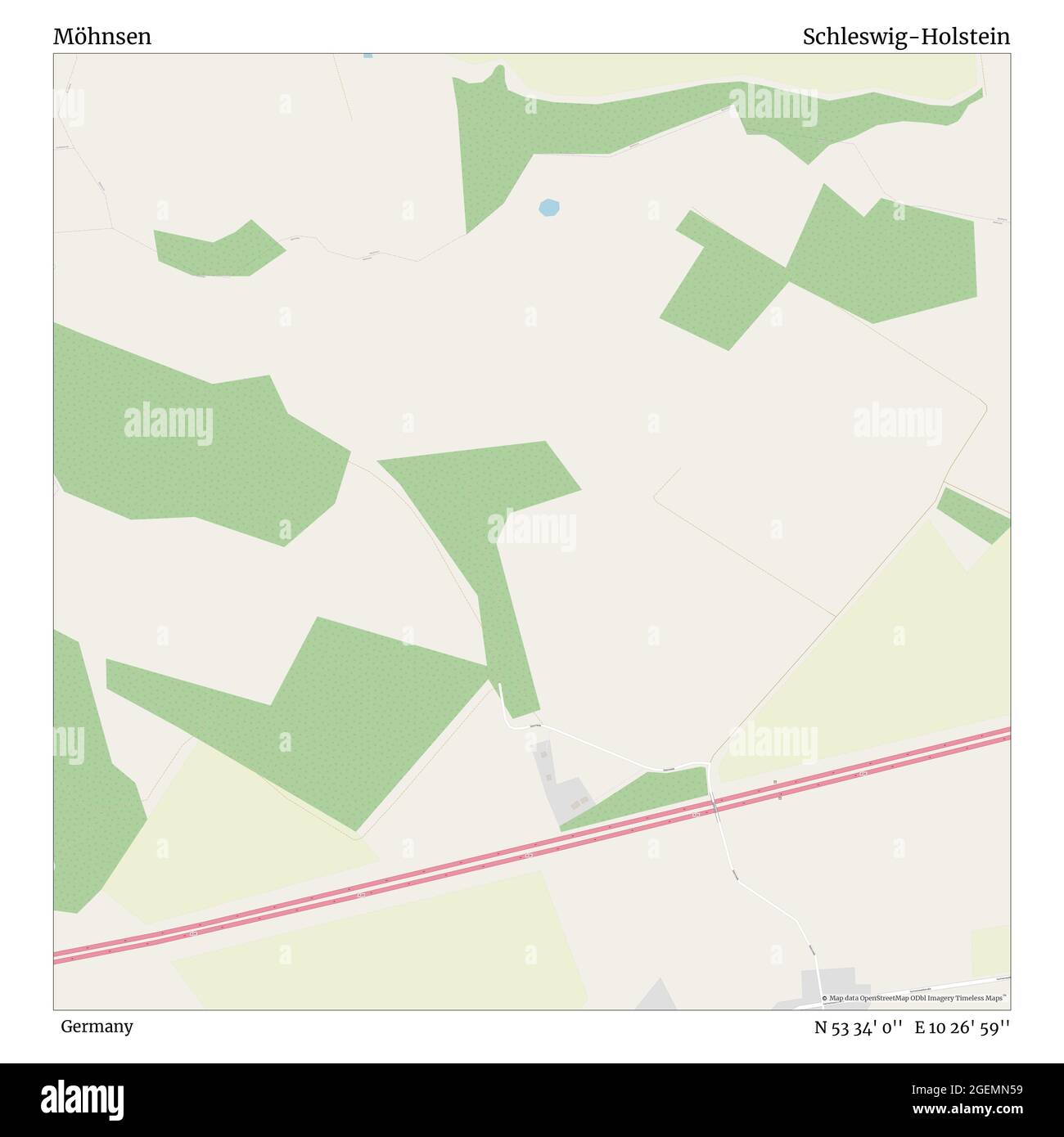 Möhnsen, Deutschland, Schleswig-Holstein, N 53 34' 0'', E 10 26' 59'', Karte, Timeless Map veröffentlicht im Jahr 2021. Reisende, Entdecker und Abenteurer wie Florence Nightingale, David Livingstone, Ernest Shackleton, Lewis and Clark und Sherlock Holmes haben sich bei der Planung von Reisen zu den entlegensten Ecken der Welt auf Karten verlassen.Timeless Maps kartiert die meisten Orte auf der Welt und zeigt die Verwirklichung großer Träume Stockfoto