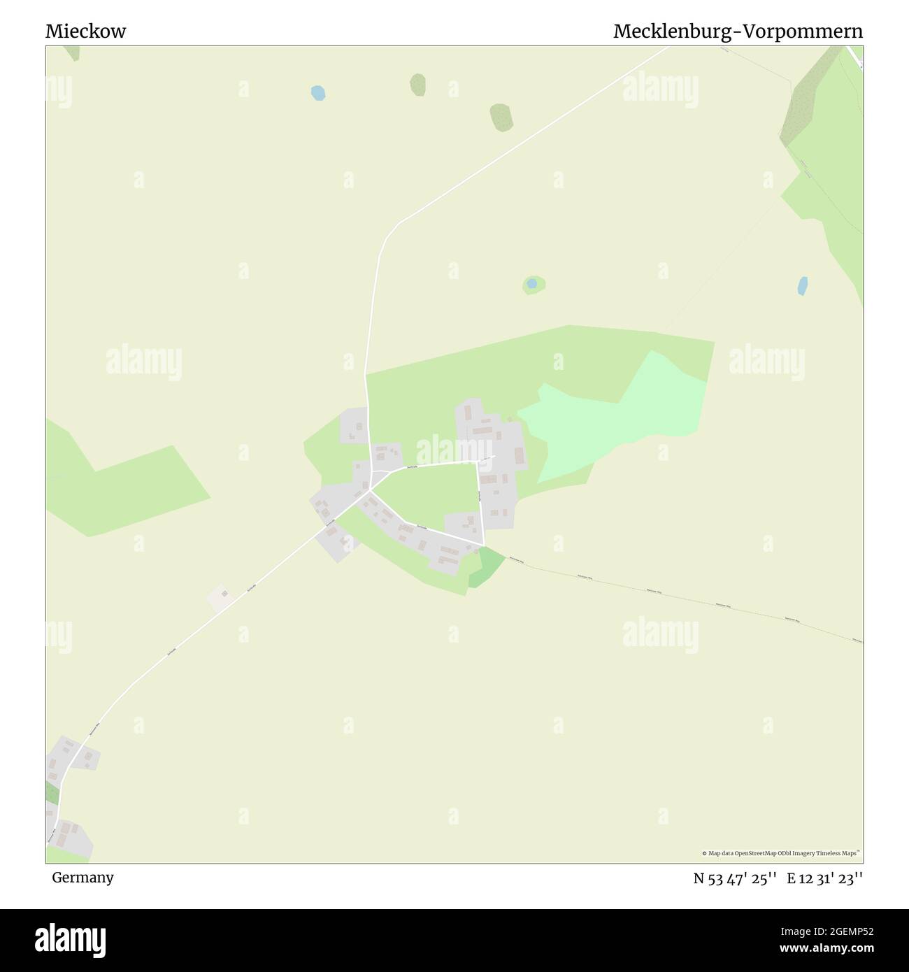 Mieckow, Deutschland, Mecklenburg-Vorpommern, N 53 47' 25'', E 12 31' 23'', Karte, Timeless Map veröffentlicht 2021. Reisende, Entdecker und Abenteurer wie Florence Nightingale, David Livingstone, Ernest Shackleton, Lewis and Clark und Sherlock Holmes haben sich bei der Planung von Reisen zu den entlegensten Ecken der Welt auf Karten verlassen.Timeless Maps kartiert die meisten Orte auf der Welt und zeigt die Verwirklichung großer Träume Stockfoto