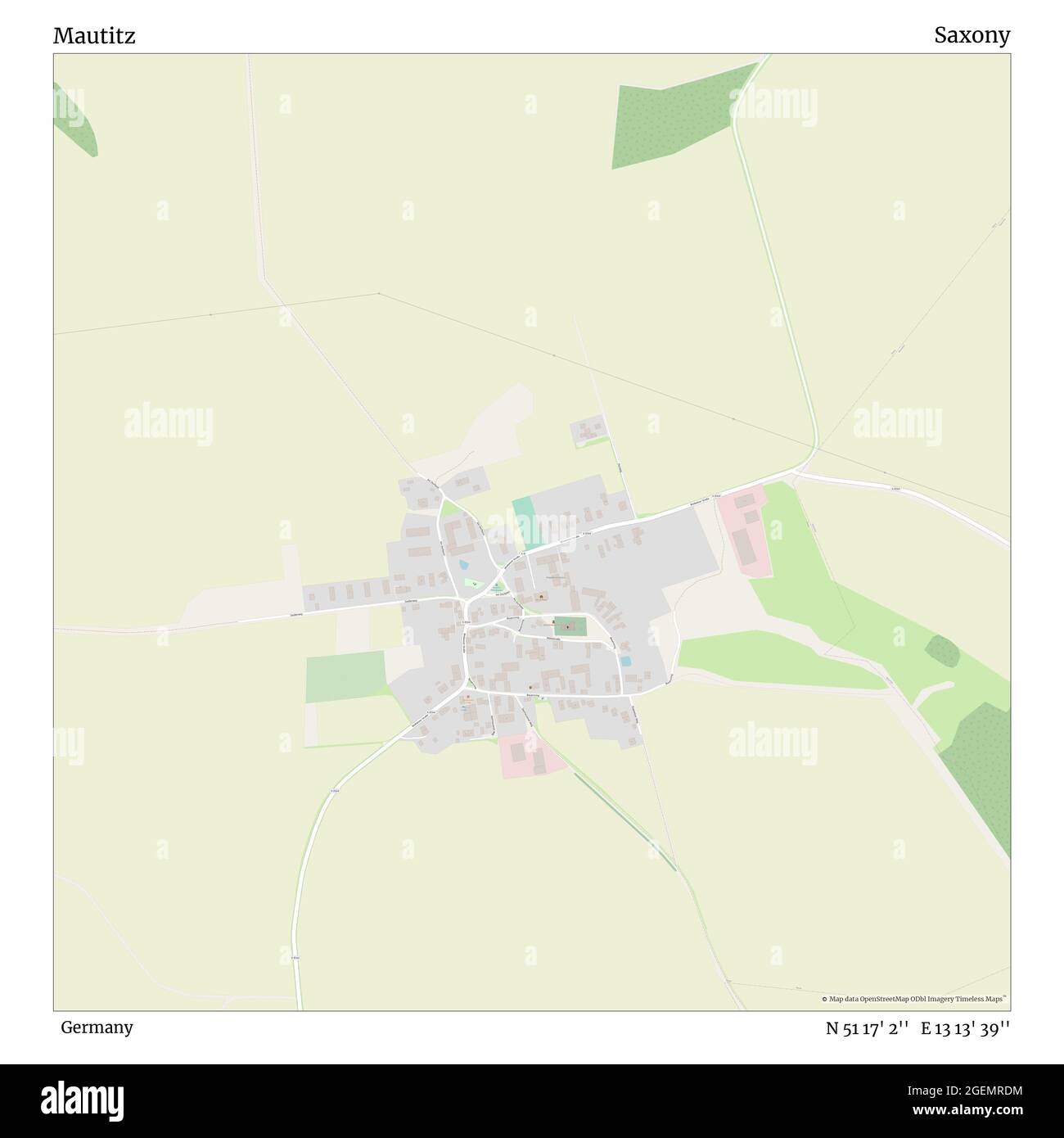 Mautitz, Deutschland, Sachsen, N 51 17' 2'', E 13 13' 39'', Karte, Timeless Map veröffentlicht 2021. Reisende, Entdecker und Abenteurer wie Florence Nightingale, David Livingstone, Ernest Shackleton, Lewis and Clark und Sherlock Holmes haben sich bei der Planung von Reisen zu den entlegensten Ecken der Welt auf Karten verlassen.Timeless Maps kartiert die meisten Orte auf der Welt und zeigt die Verwirklichung großer Träume Stockfoto