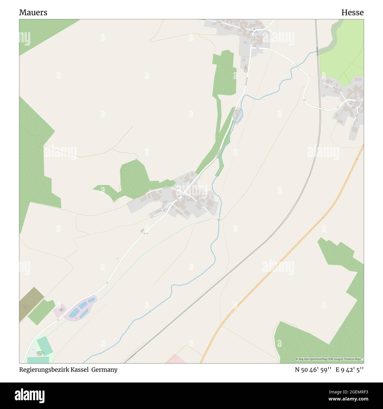 Mauers, Regierungsbezirk Kassel, Deutschland, Hessen, N 50 46' 59'', E 9 42' 5'', map, Timeless Map veröffentlicht 2021. Reisende, Entdecker und Abenteurer wie Florence Nightingale, David Livingstone, Ernest Shackleton, Lewis and Clark und Sherlock Holmes haben sich bei der Planung von Reisen zu den entlegensten Ecken der Welt auf Karten verlassen.Timeless Maps kartiert die meisten Orte auf der Welt und zeigt die Verwirklichung großer Träume Stockfoto