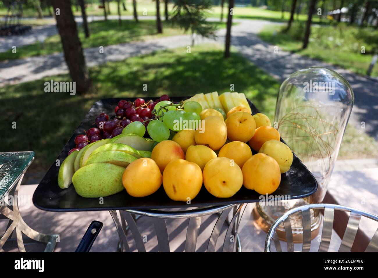 Obstbuffet im quadratischen schwarzen Tablett Stockfoto