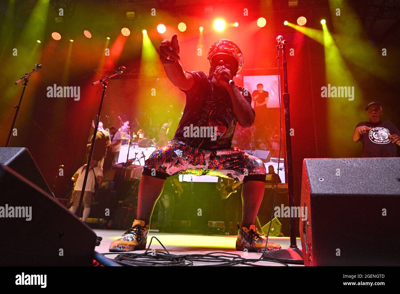 New York City, USA. August 2021. George Clinton und Parliament Funkadelic treten bei der NYC Homecoming Concert-Reihe im Forest Hills Stadium im New Yorker Stadtteil Queens, NY, am 20. August 2021 auf. (Anthony Behar/Sipa USA) Quelle: SIPA USA/Alamy Live News Stockfoto