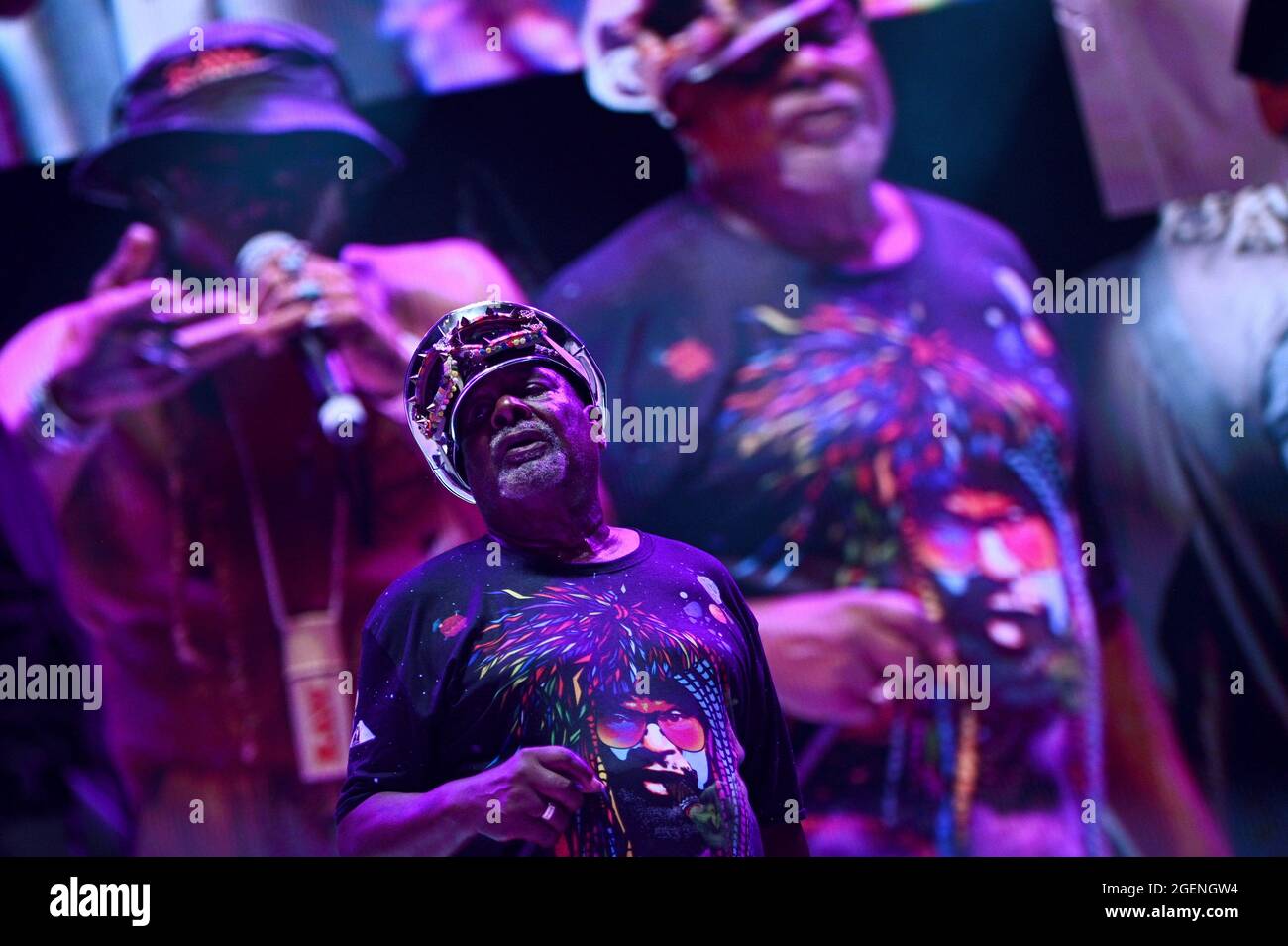 New York City, USA. August 2021. George Clinton und Parliament Funkadelic treten bei der NYC Homecoming Concert-Reihe im Forest Hills Stadium im New Yorker Stadtteil Queens, NY, am 20. August 2021 auf. (Anthony Behar/Sipa USA) Quelle: SIPA USA/Alamy Live News Stockfoto