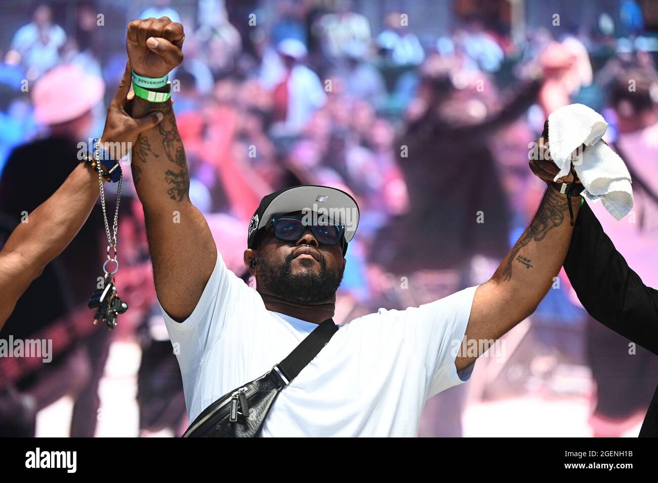 New York City, USA. August 2021. Terrence Floyd, der Bruder von George Floyd (der von der Polizei von Minneapolis getötet wurde), wird auf der Bühne der NYC Homecoming Concert-Serie im Forest Hills Stadium im New Yorker Stadtteil Queens, NY, am 20. August 2021 zu sehen sein. (Anthony Behar/Sipa USA) Quelle: SIPA USA/Alamy Live News Stockfoto