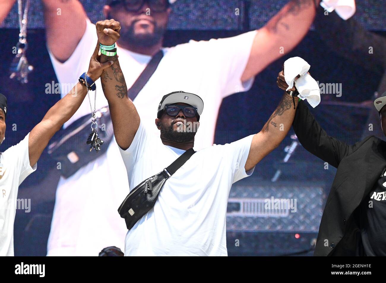New York City, USA. August 2021. Terrence Floyd, der Bruder von George Floyd (der von der Polizei von Minneapolis getötet wurde), wird auf der Bühne der NYC Homecoming Concert-Serie im Forest Hills Stadium im New Yorker Stadtteil Queens, NY, am 20. August 2021 zu sehen sein. (Anthony Behar/Sipa USA) Quelle: SIPA USA/Alamy Live News Stockfoto