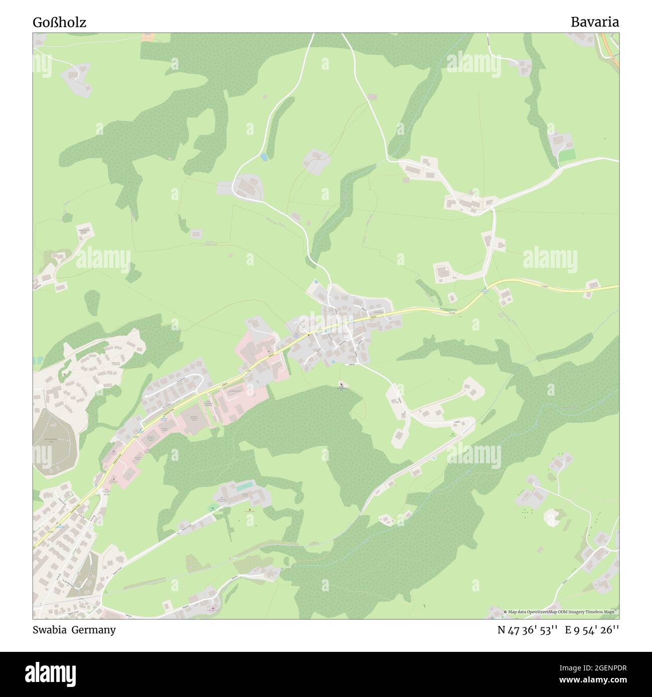 Goßholz, Schwaben, Deutschland, Bayern, N 47 36' 53'', E 9 54' 26'', Karte, Timeless Map veröffentlicht 2021. Reisende, Entdecker und Abenteurer wie Florence Nightingale, David Livingstone, Ernest Shackleton, Lewis and Clark und Sherlock Holmes haben sich bei der Planung von Reisen zu den entlegensten Ecken der Welt auf Karten verlassen.Timeless Maps kartiert die meisten Orte auf der Welt und zeigt die Verwirklichung großer Träume Stockfoto