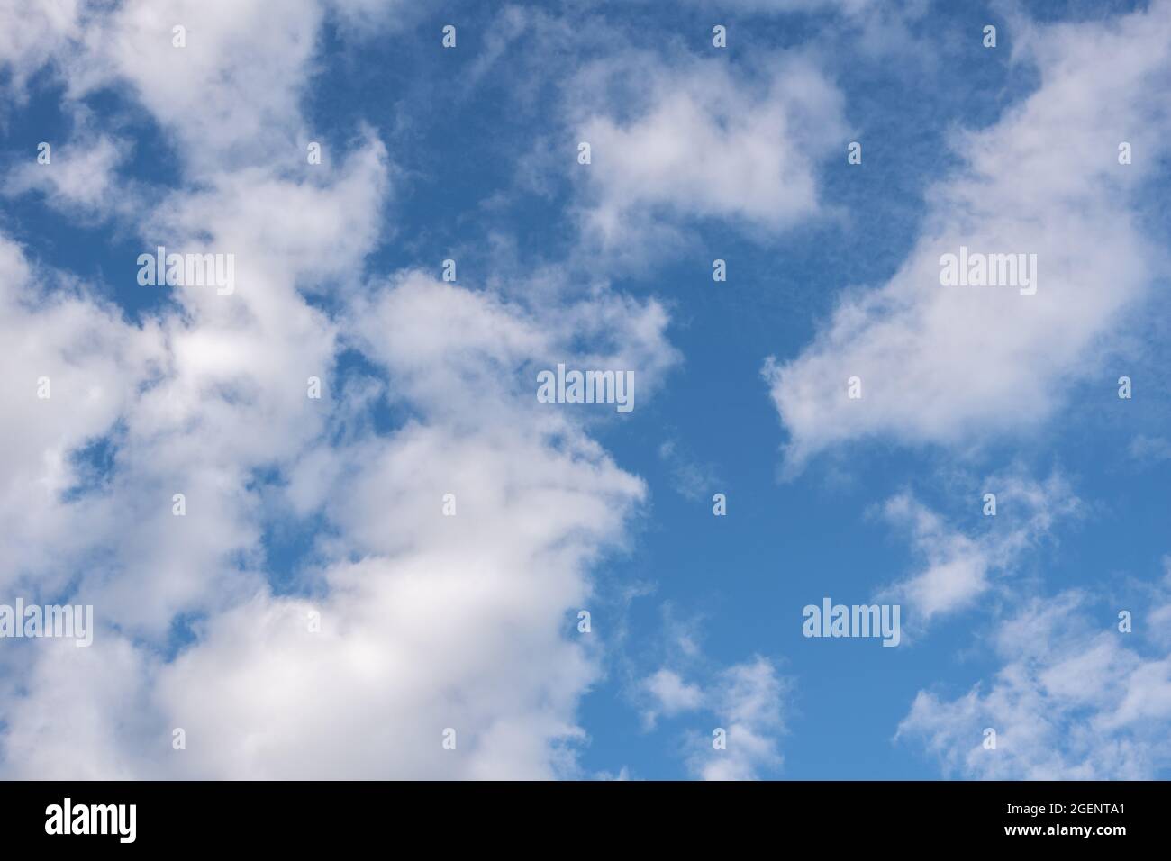 Schöne flauschige Cumulus Wolken am blauen Himmel. Perfekter Hintergrund von blauem Himmel und weißen Wolken für Ihre Fotos, Design-Layout. Stockfoto