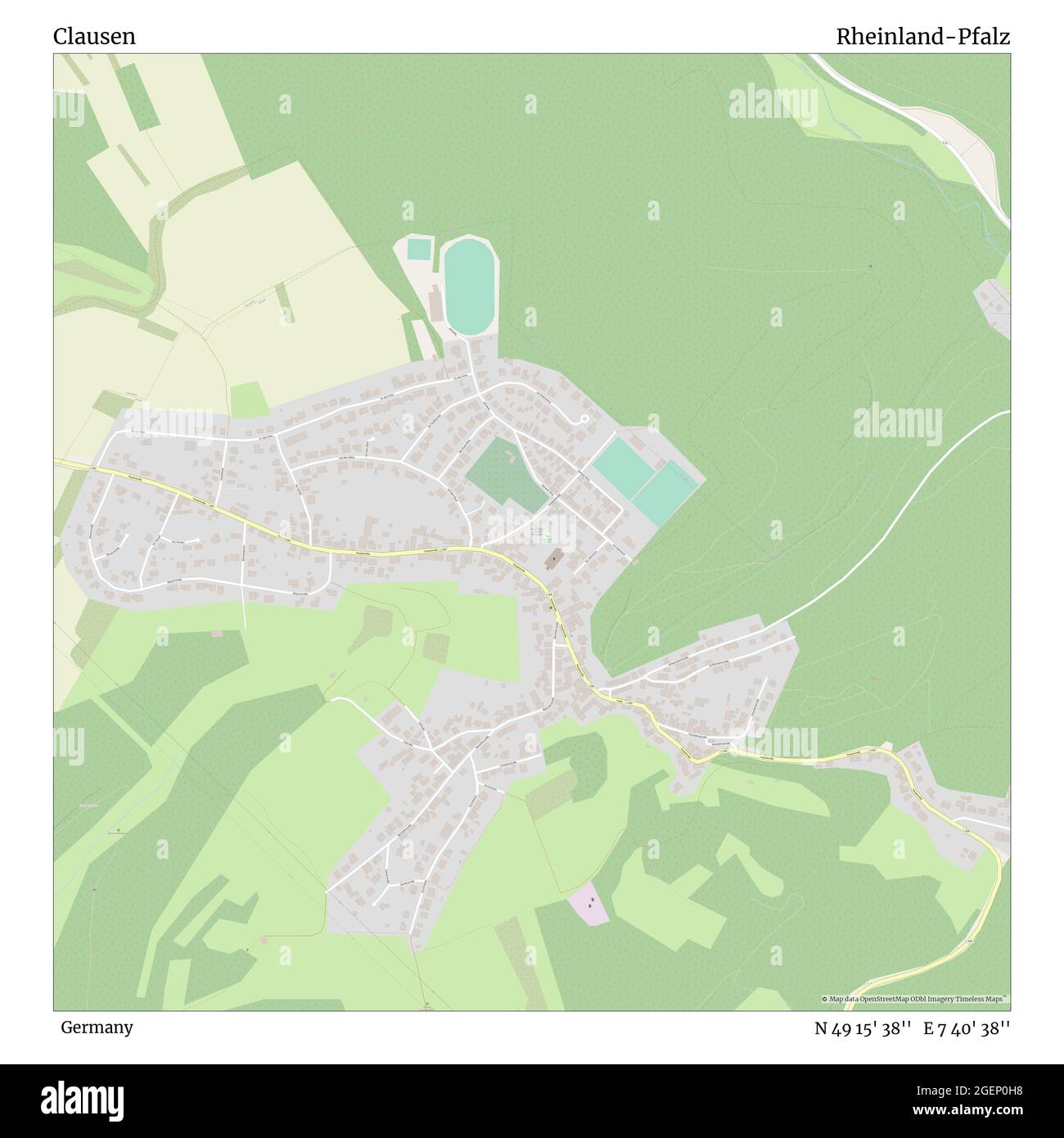 Clausen, Deutschland, Rheinland-Pfalz, N 49 15' 38'', E 7 40' 38'', Karte, Timeless Map veröffentlicht im Jahr 2021. Reisende, Entdecker und Abenteurer wie Florence Nightingale, David Livingstone, Ernest Shackleton, Lewis and Clark und Sherlock Holmes haben sich bei der Planung von Reisen zu den entlegensten Ecken der Welt auf Karten verlassen.Timeless Maps kartiert die meisten Orte auf der Welt und zeigt die Verwirklichung großer Träume Stockfoto