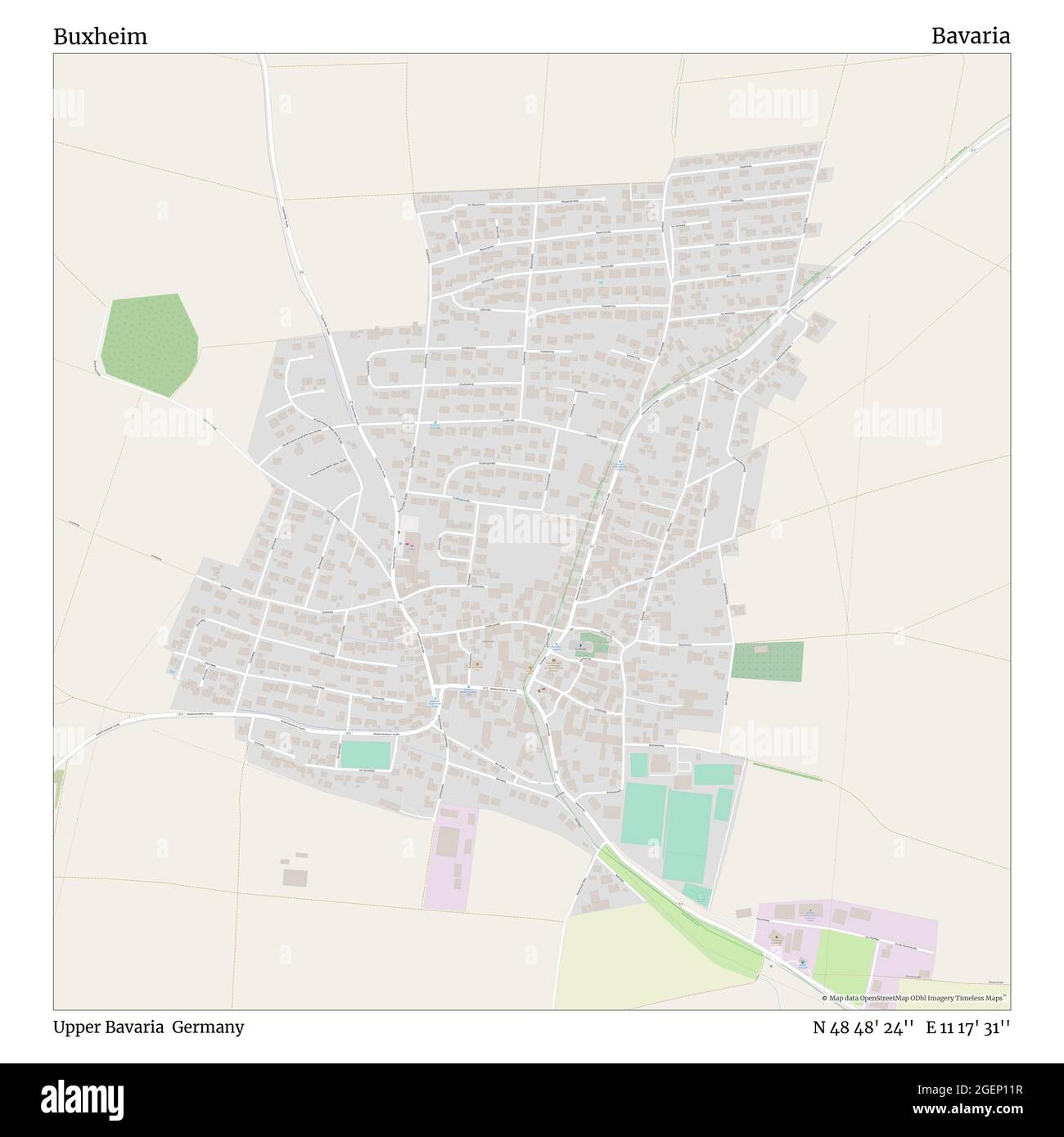 Buxheim, Oberbayern, Deutschland, Bayern, N 48 48' 24'', E 11 17' 31'', Karte, Timeless Map veröffentlicht im Jahr 2021. Reisende, Entdecker und Abenteurer wie Florence Nightingale, David Livingstone, Ernest Shackleton, Lewis and Clark und Sherlock Holmes haben sich bei der Planung von Reisen zu den entlegensten Ecken der Welt auf Karten verlassen.Timeless Maps kartiert die meisten Orte auf der Welt und zeigt die Verwirklichung großer Träume Stockfoto