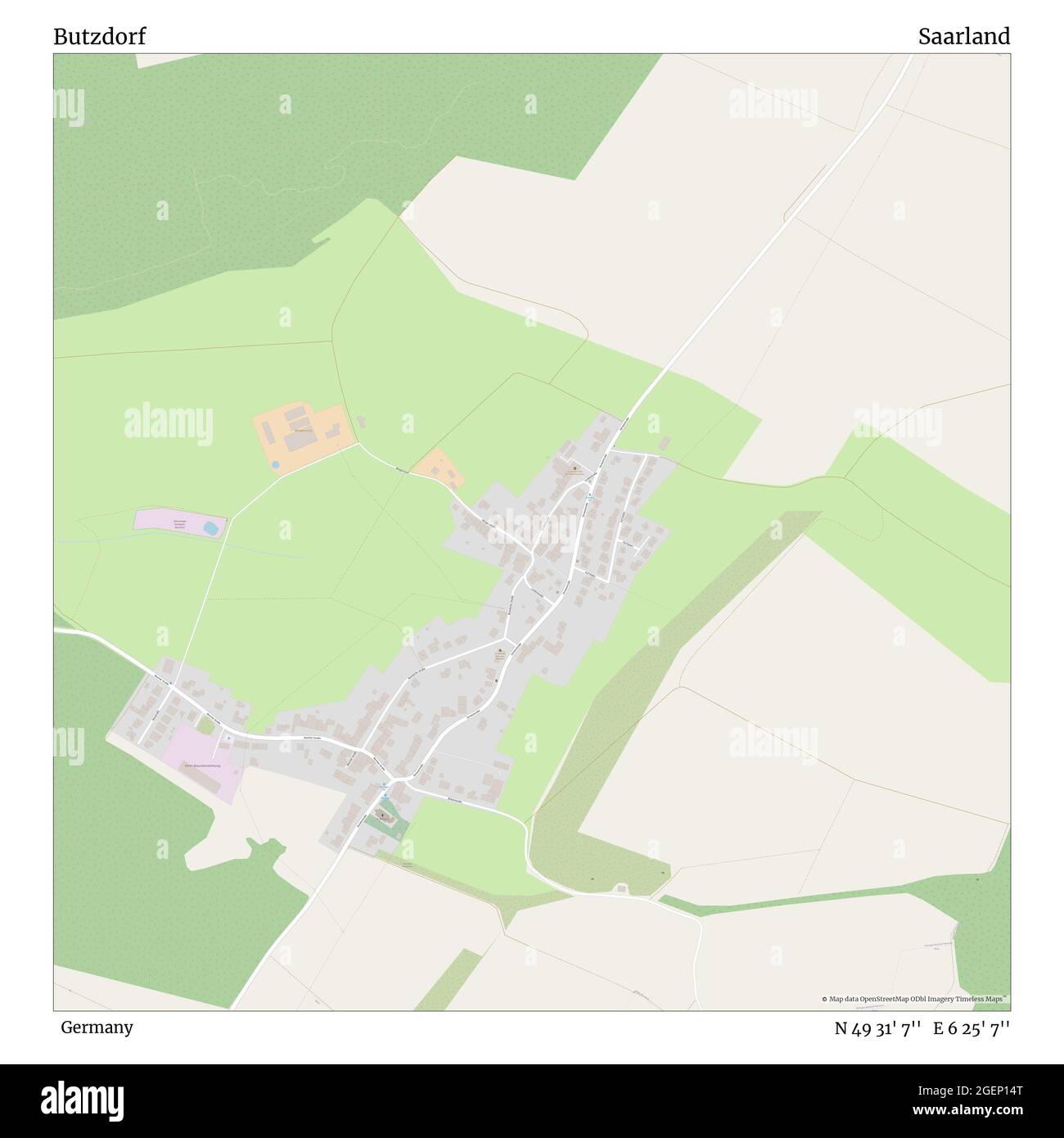 Butzdorf, Deutschland, Saarland, N 49 31' 7'', E 6 25' 7'', Karte, Timeless Map veröffentlicht 2021. Reisende, Entdecker und Abenteurer wie Florence Nightingale, David Livingstone, Ernest Shackleton, Lewis and Clark und Sherlock Holmes haben sich bei der Planung von Reisen zu den entlegensten Ecken der Welt auf Karten verlassen.Timeless Maps kartiert die meisten Orte auf der Welt und zeigt die Verwirklichung großer Träume Stockfoto