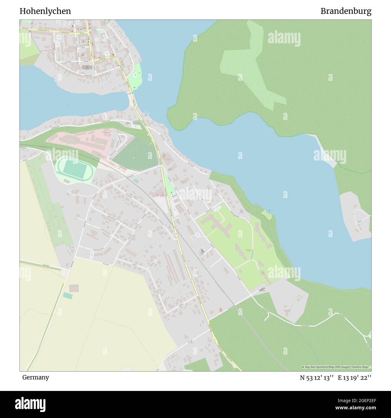 Hohenlychen, Deutschland, Brandenburg, N 53 12' 13'', E 13 19' 22'', Karte, Timeless Map veröffentlicht 2021. Reisende, Entdecker und Abenteurer wie Florence Nightingale, David Livingstone, Ernest Shackleton, Lewis and Clark und Sherlock Holmes haben sich bei der Planung von Reisen zu den entlegensten Ecken der Welt auf Karten verlassen.Timeless Maps kartiert die meisten Orte auf der Welt und zeigt die Verwirklichung großer Träume Stockfoto