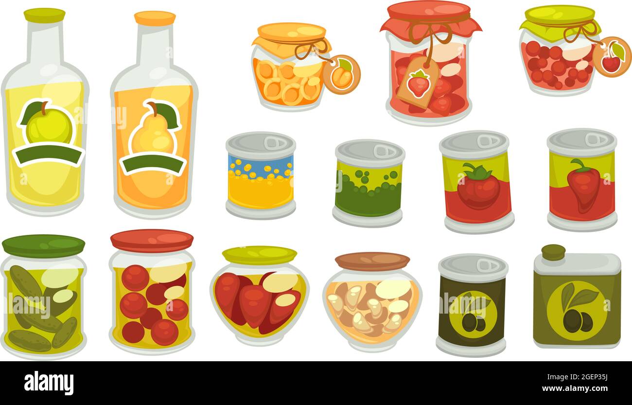 Gurken und mariniertes Gemüse, Säfte in Gläsern Stock Vektor