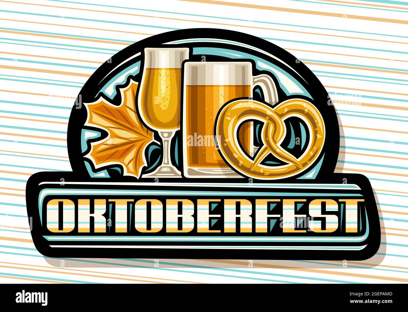 Vektor-Logo für Oktoberfest, dunkles Schild mit vollem Cartoon-Schnitter mit hellem Bier, Illustration von Bierkrug und gesalzener deutscher Brezel, Unikat Stock Vektor