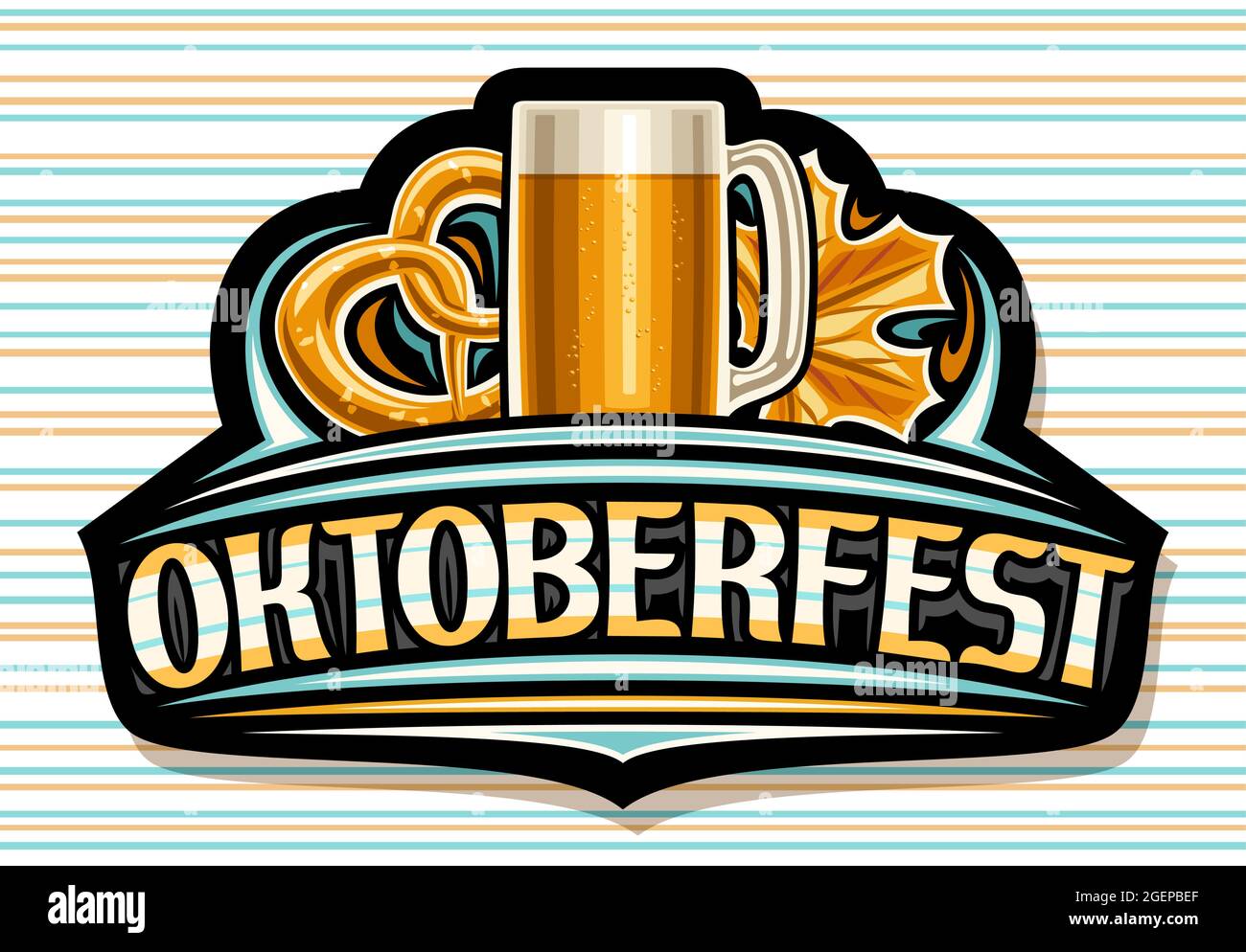 Vektor-Logo für Oktoberfest, dunkles Schild mit vollem Cartoon-Bierkrug mit hellem Bier, Illustration von gesalzener deutscher Brezel, Ahornblatt, Unikat Stock Vektor