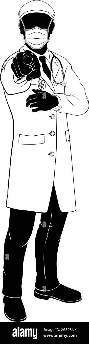 Arzt in PSA Maske Zeigen braucht Sie Silhouette Stock Vektor