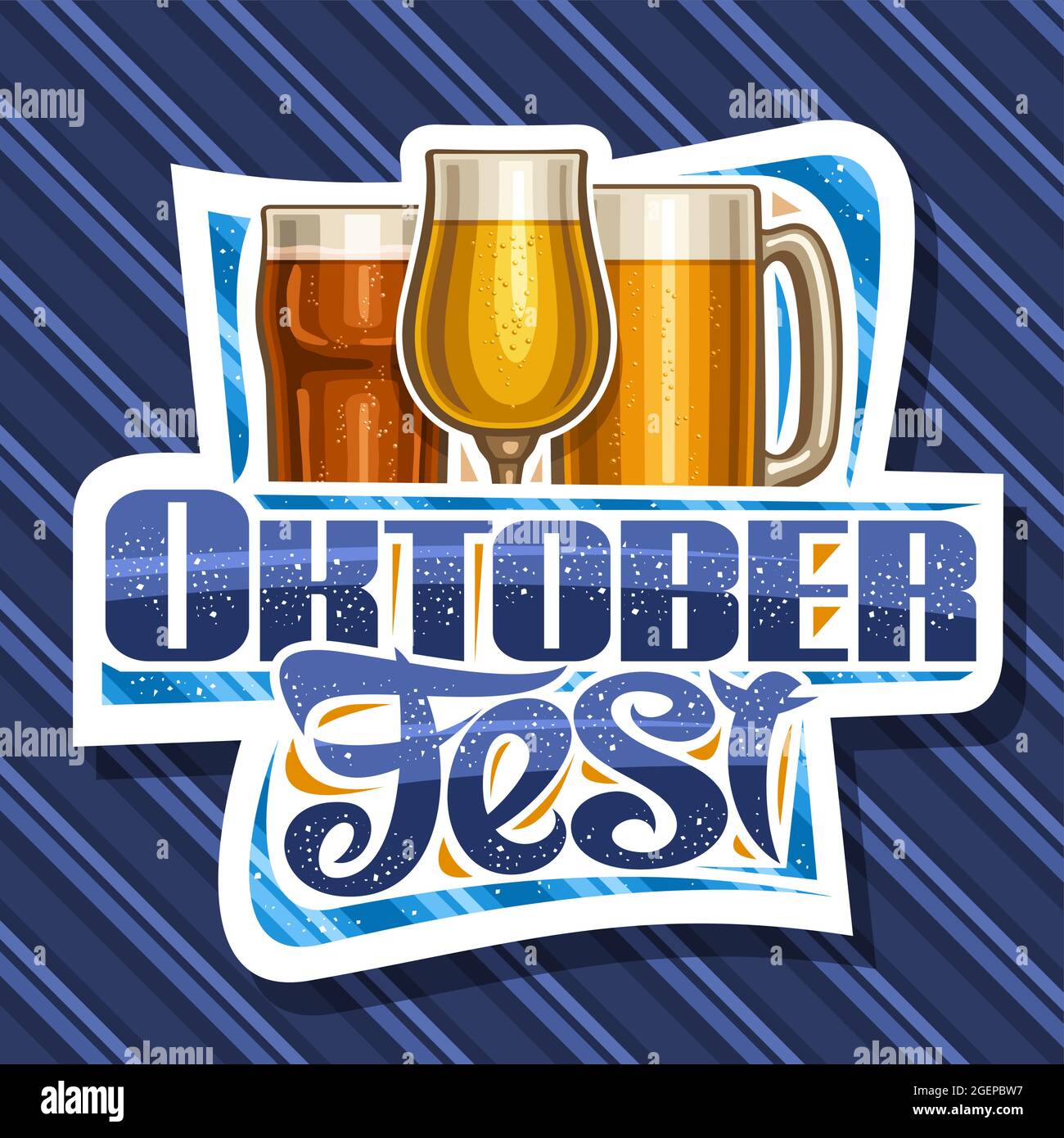 Vektor-Logo für Oktoberfest, weiße Deko-Tafel mit Cartoon-Highball mit dunklem Bier, Schnüffelglas und Bierkrug, Poster mit einzigartigem Schriftzug Stock Vektor