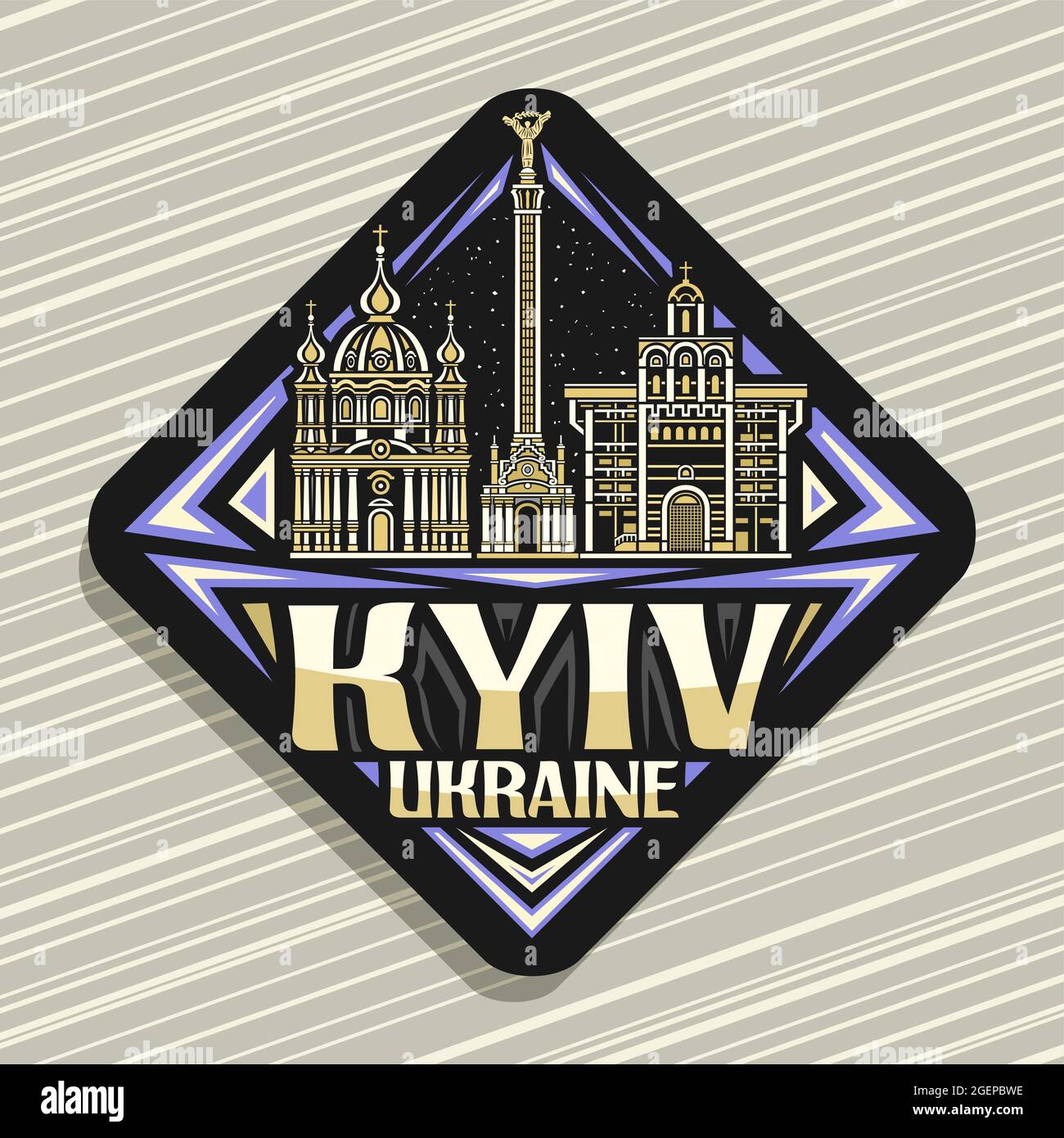 Vektor-Logo für Kiew, schwarzes Rhombus-Straßenschild mit Umriss-Illustration des berühmten kiewer Stadtbildes auf Abendhimmel-Hintergrund, dekorativer Kühlschrankmagnet Stock Vektor