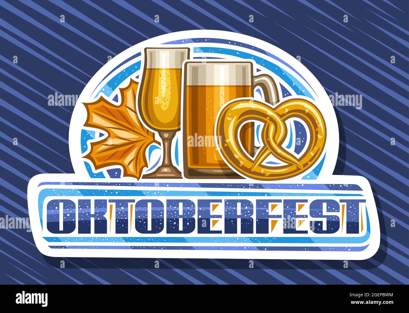 Vektor-Logo für Oktoberfest, weiße dekorative Tafel mit vollem Cartoon-Schnitter mit hellem Bier, Illustration von Bierkrug und gesalzener deutscher Brezel Stock Vektor