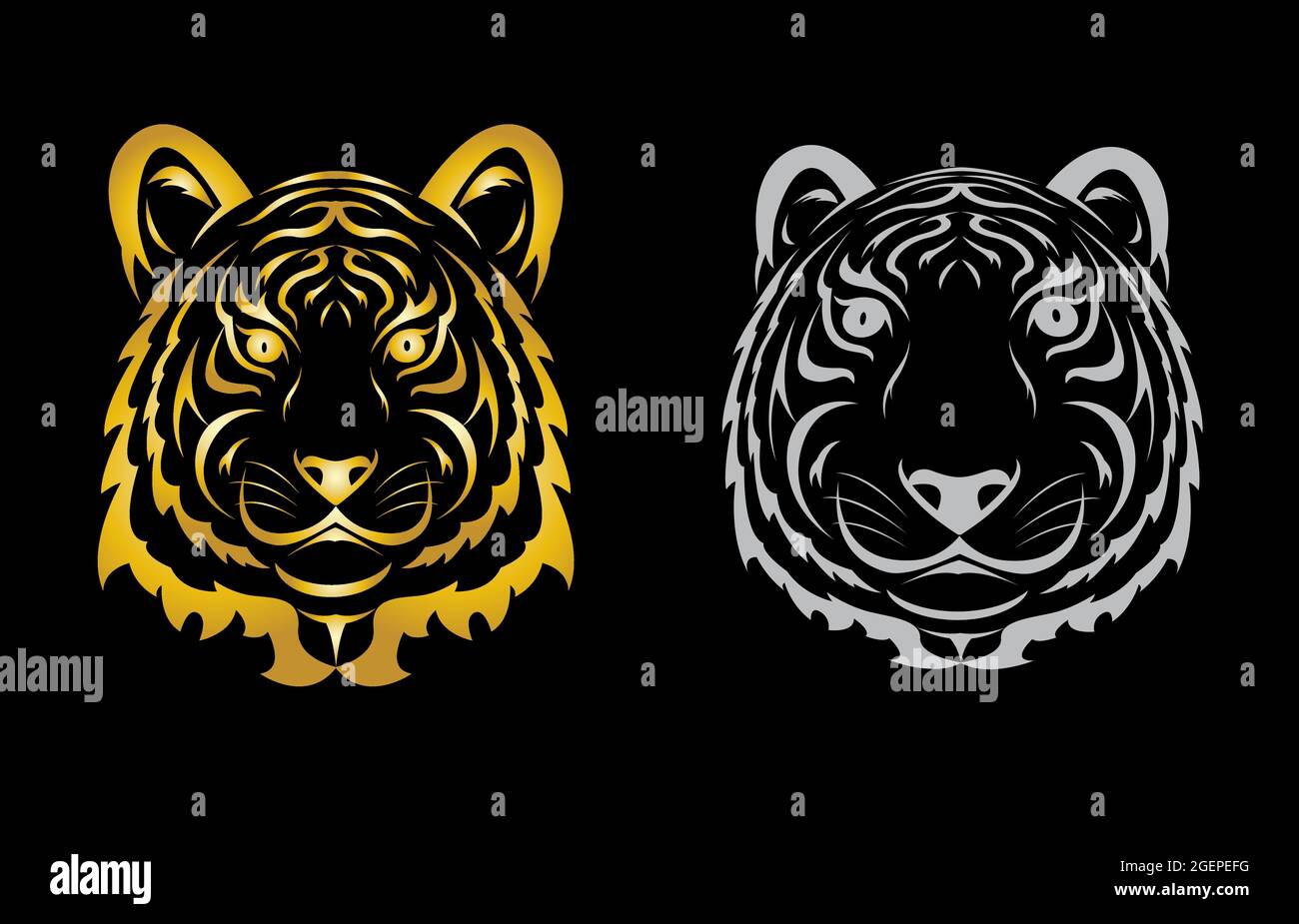 Tiger-Kopfsilhouette. Vektordarstellung auf schwarzem Hintergrund isoliert. Leicht editierbare Vektorgrafik mit Ebenen. Wilde Tiere. Stock Vektor